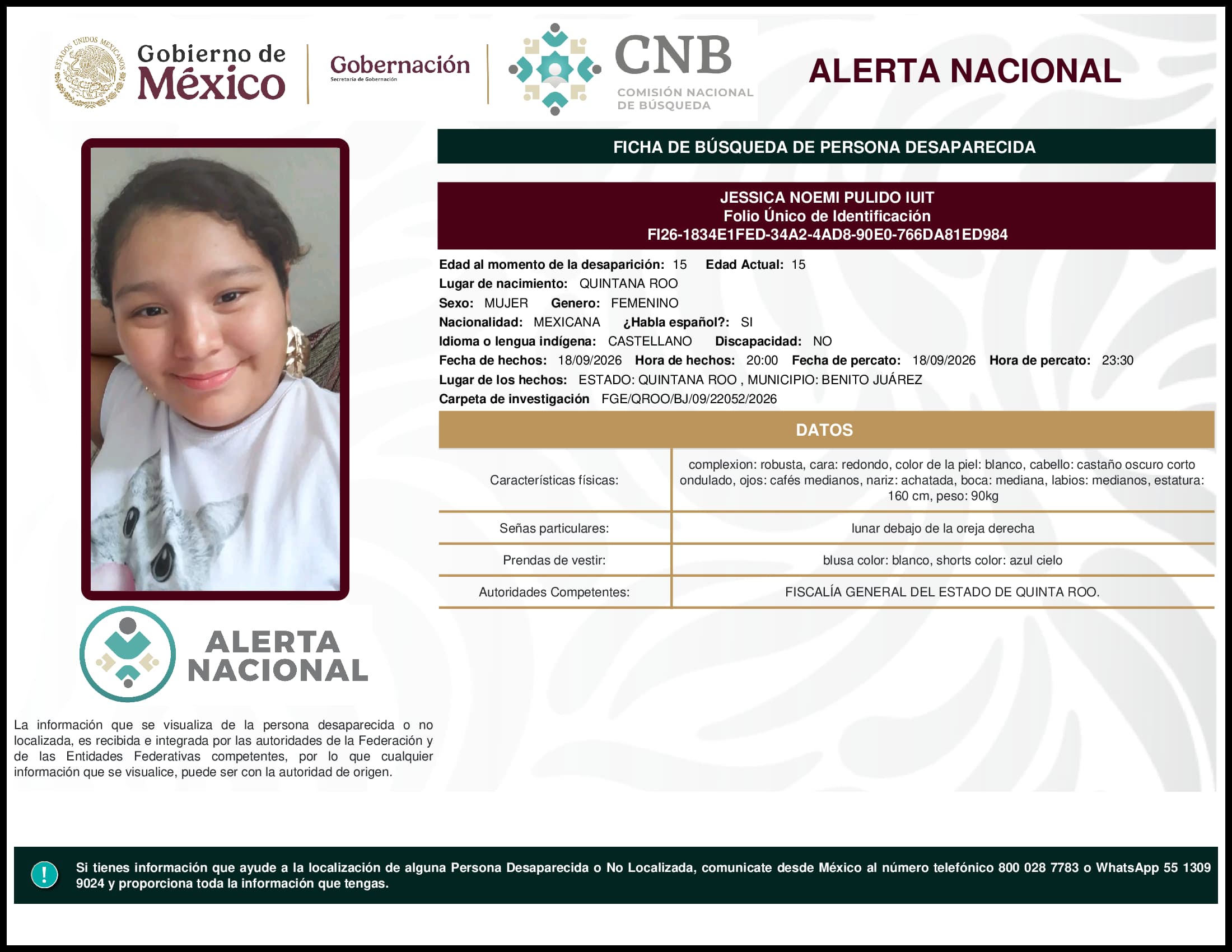 Persona desaparecida Jessica Noemi Pulido Iuit