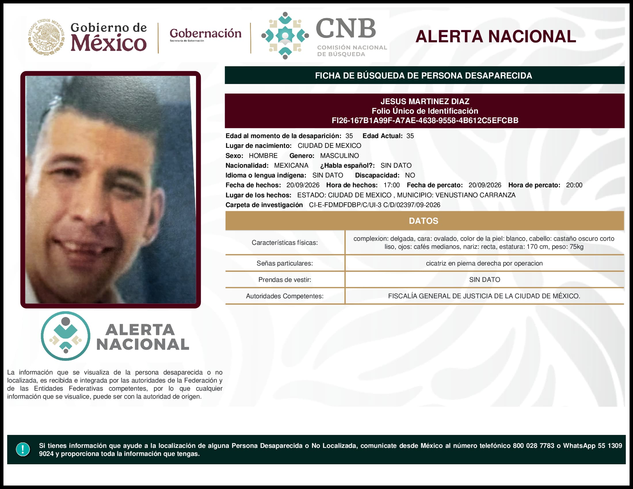 Persona desaparecida Jesus Martinez Diaz