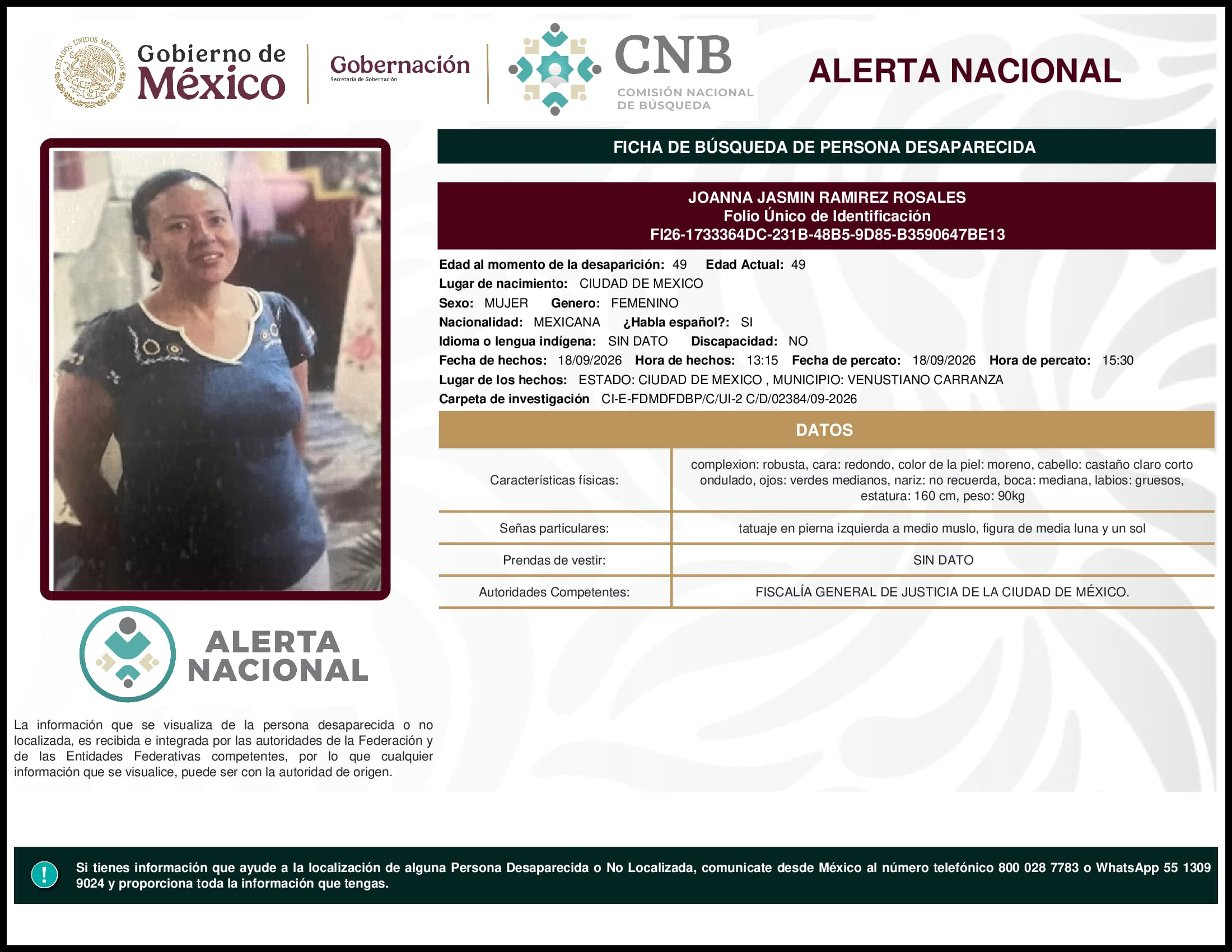 Persona desaparecida Joanna Jasmin Ramirez Rosales