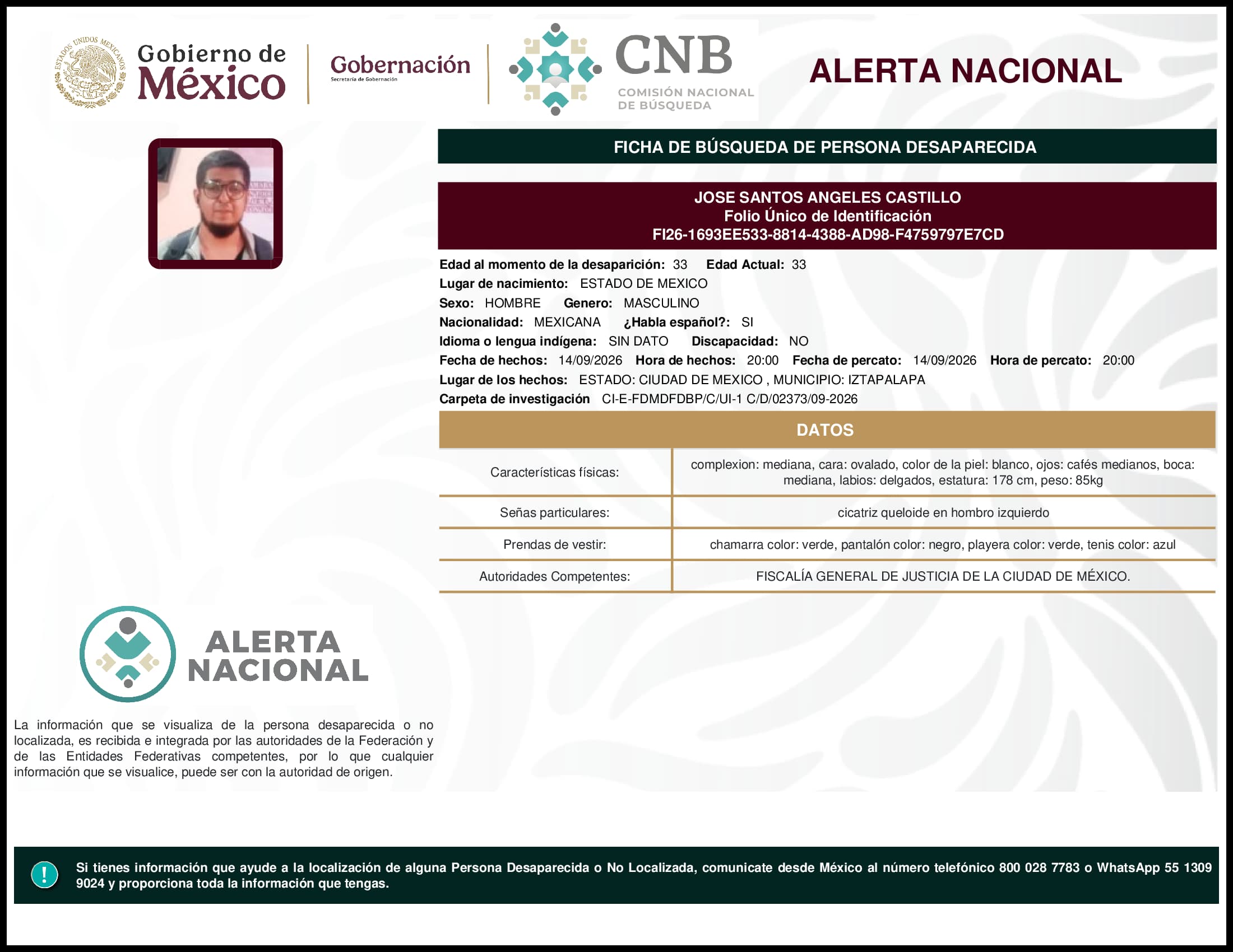 Persona desaparecida Jose Santos Angeles Castillo