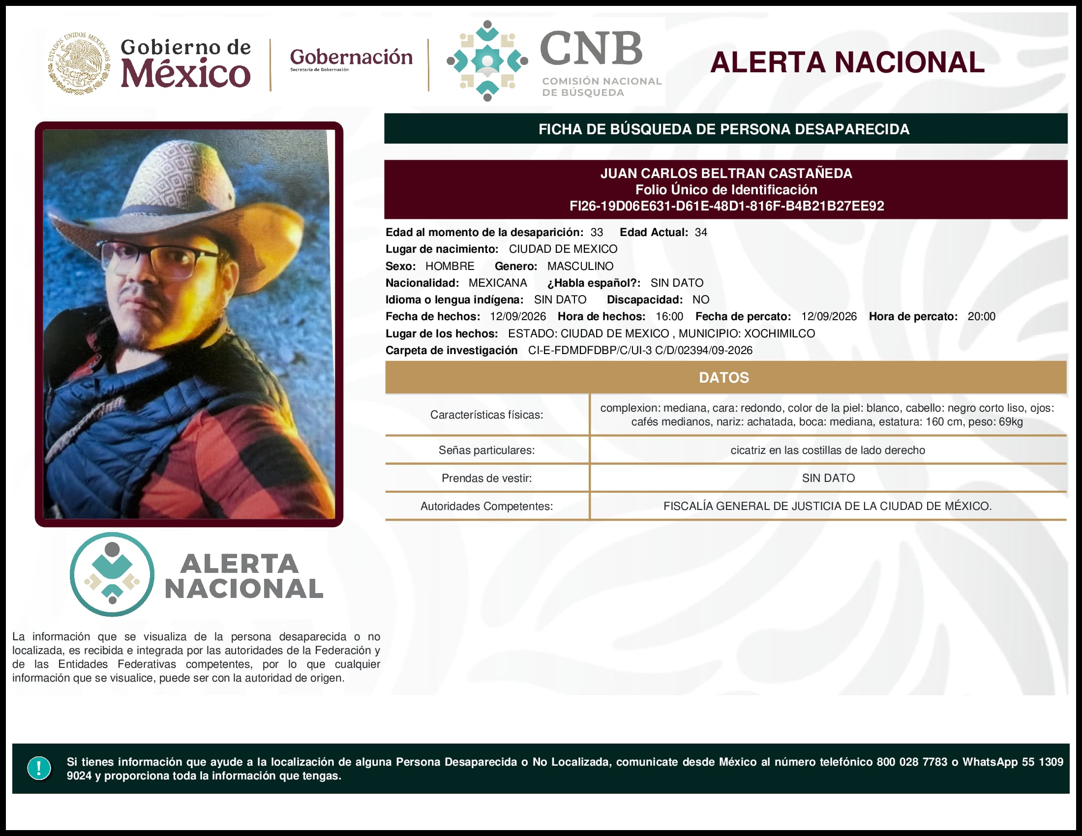 Persona desaparecida Juan Carlos Beltran Castaneda