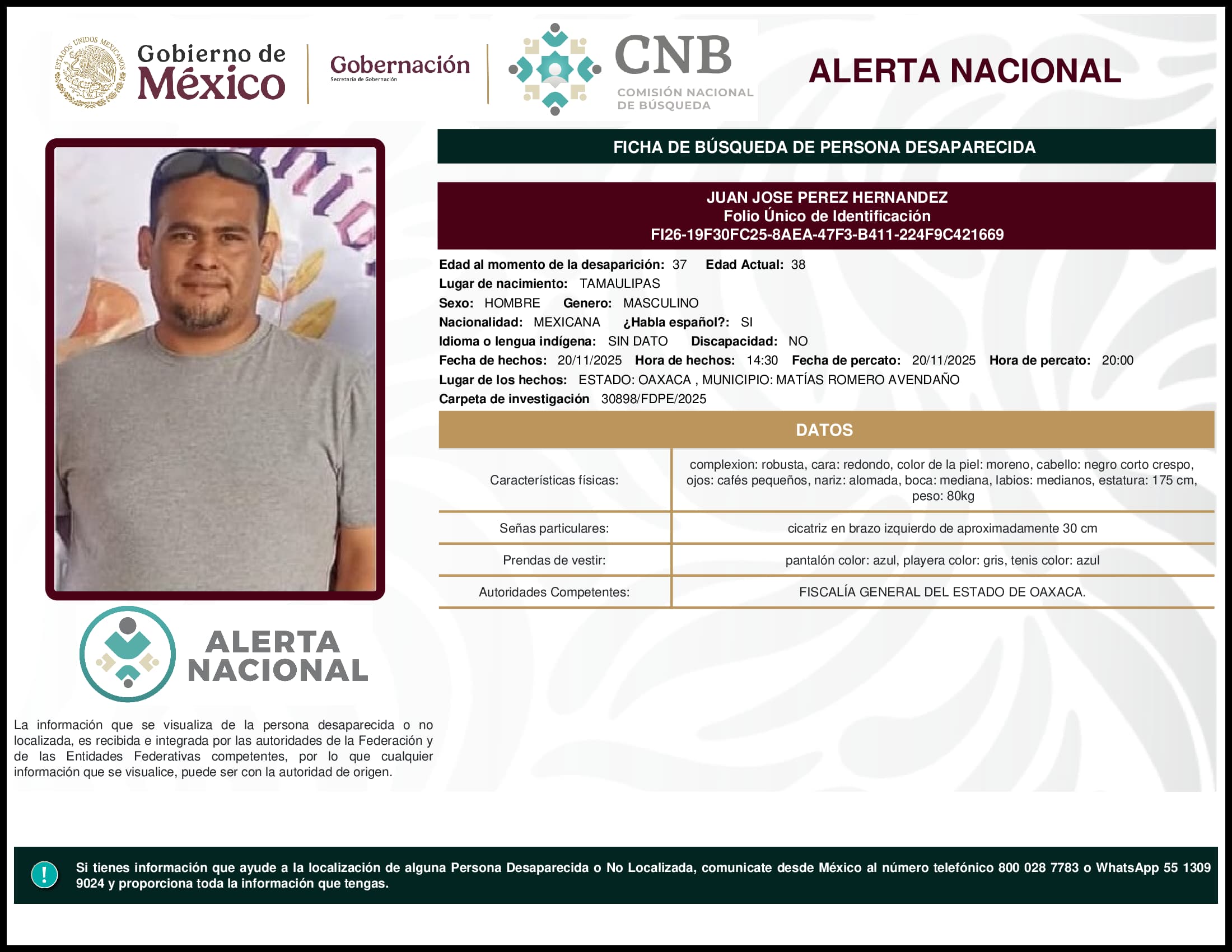Persona desaparecida Juan Jose Perez Hernandez