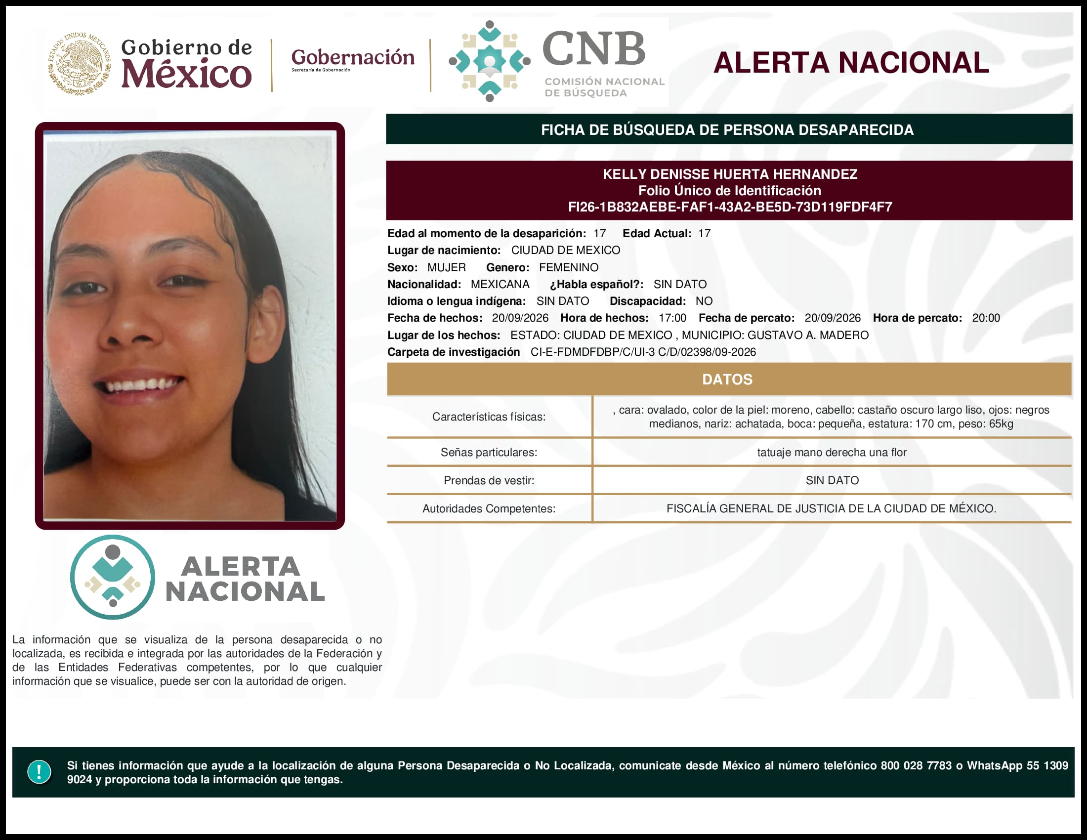 Persona desaparecida Kelly Denisse Huerta Hernandez