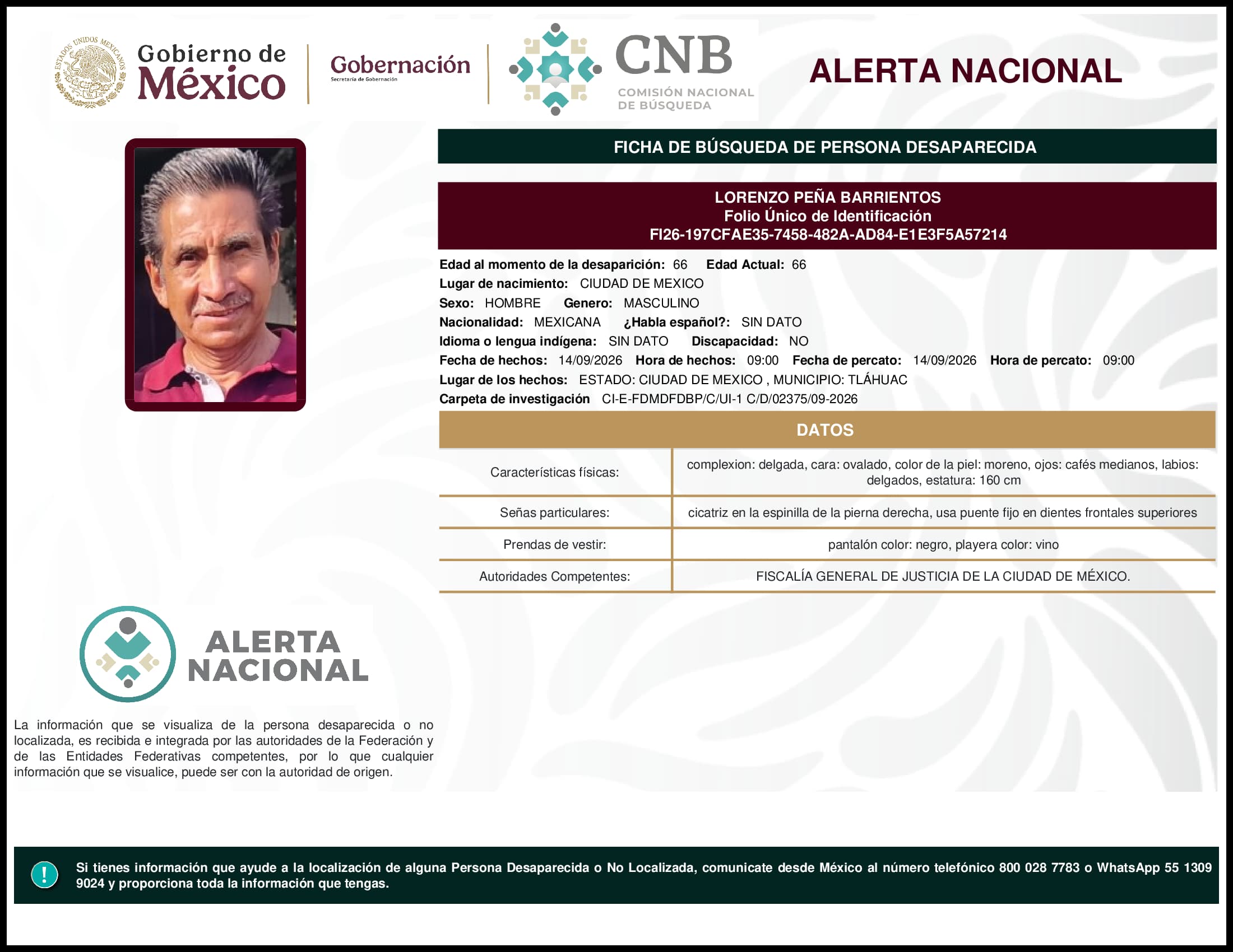 Persona desaparecida Lorenzo Pena Barrientos