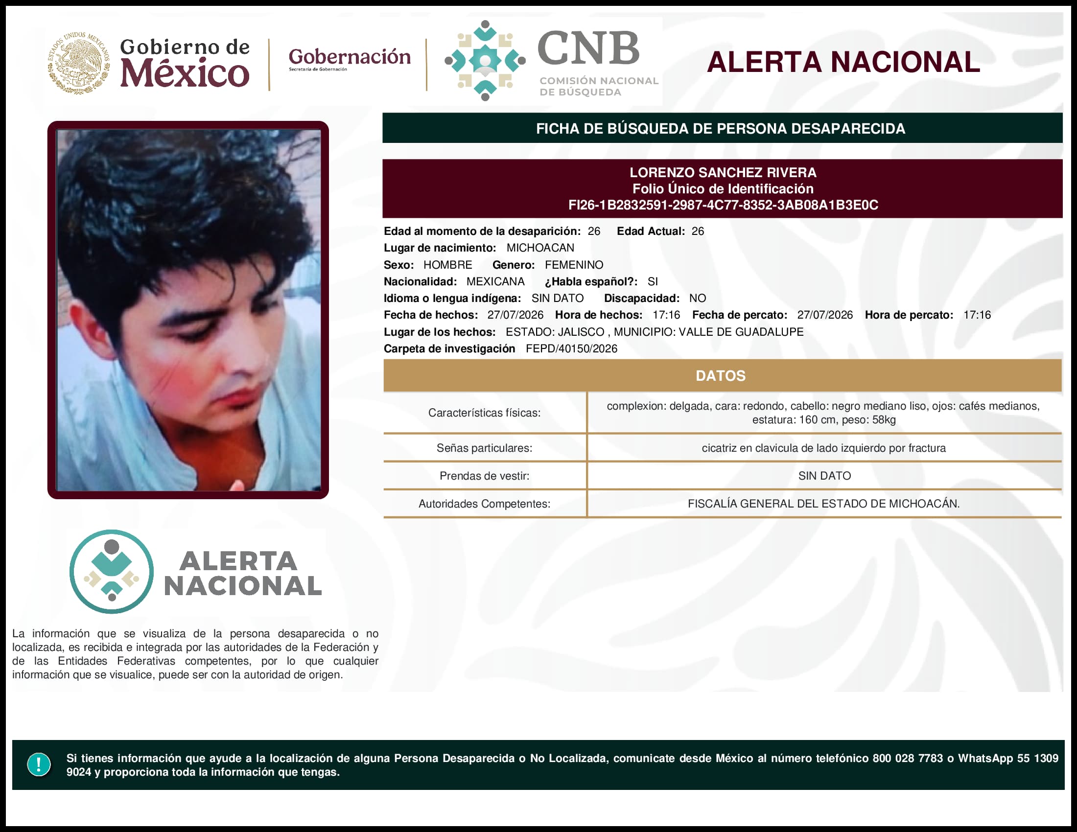 Persona desaparecida Lorenzo Sanchez Rivera
