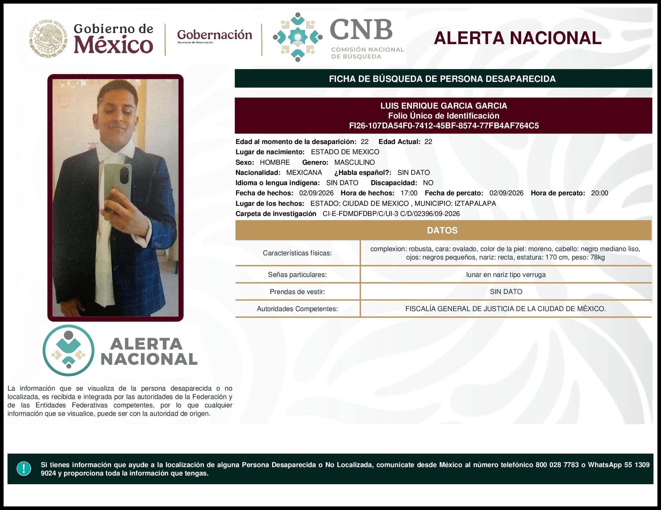 Persona desaparecida Luis Enrique Garcia Garcia