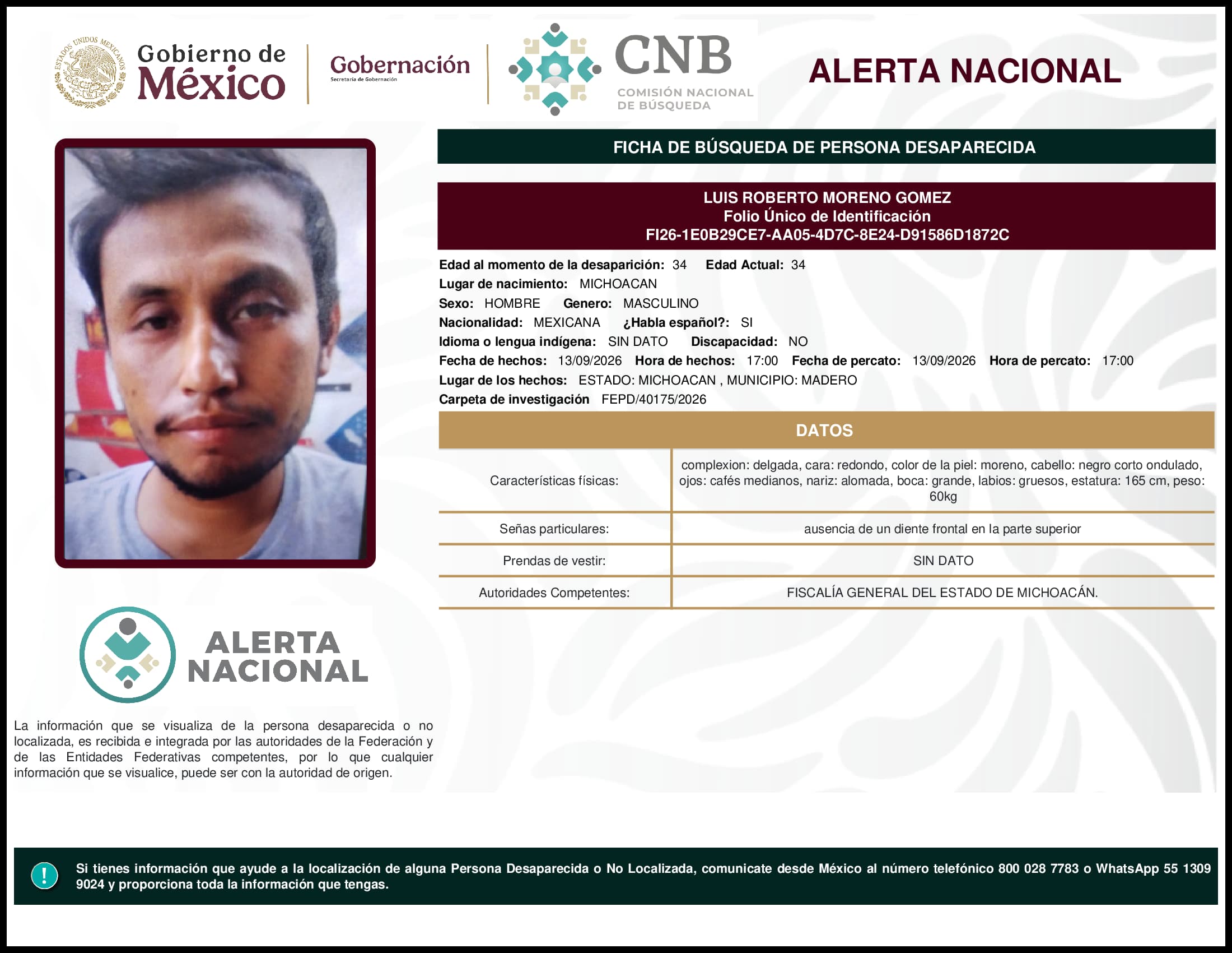 Persona desaparecida Luis Roberto Moreno Gomez