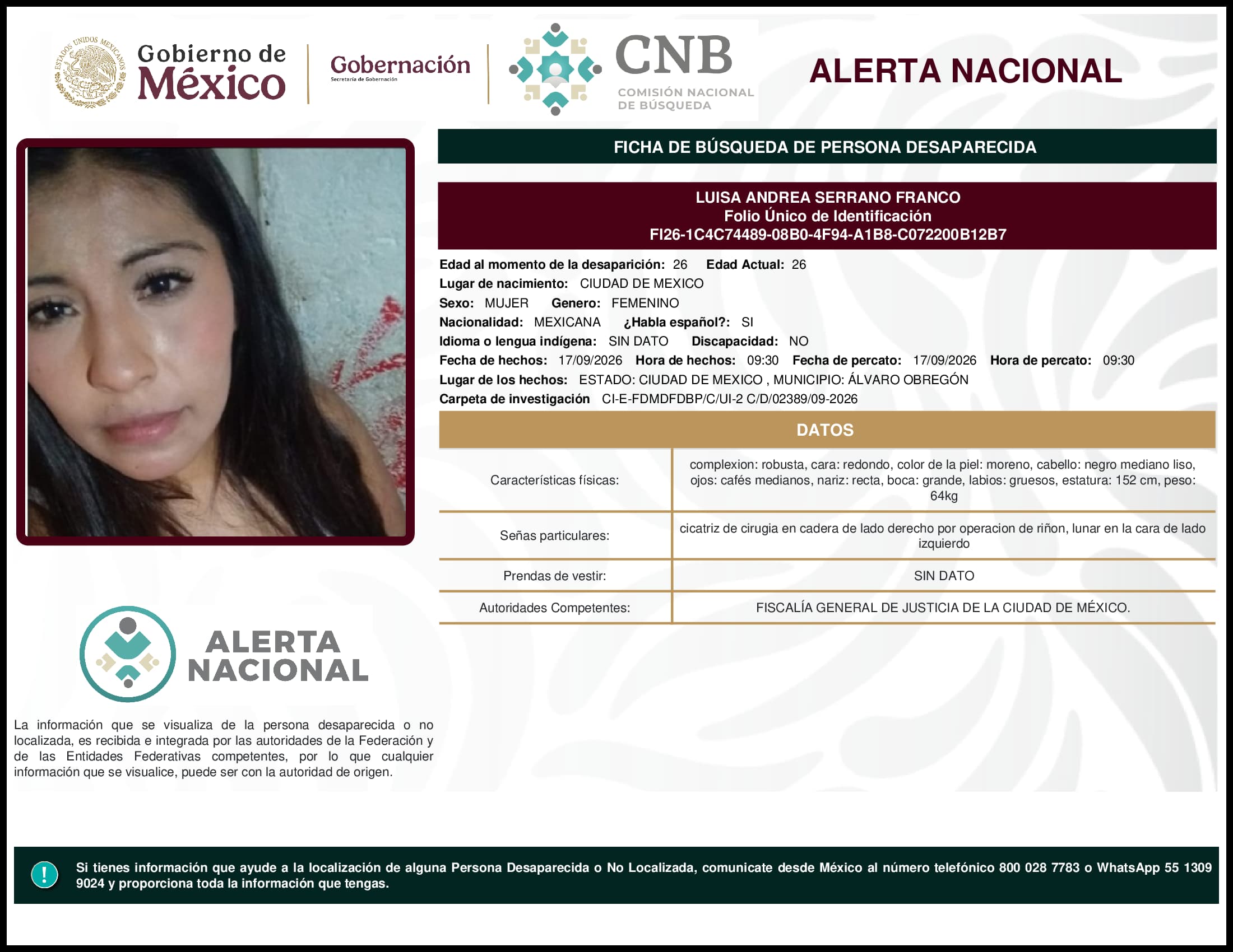 Persona desaparecida Luisa Andrea Serrano Franco