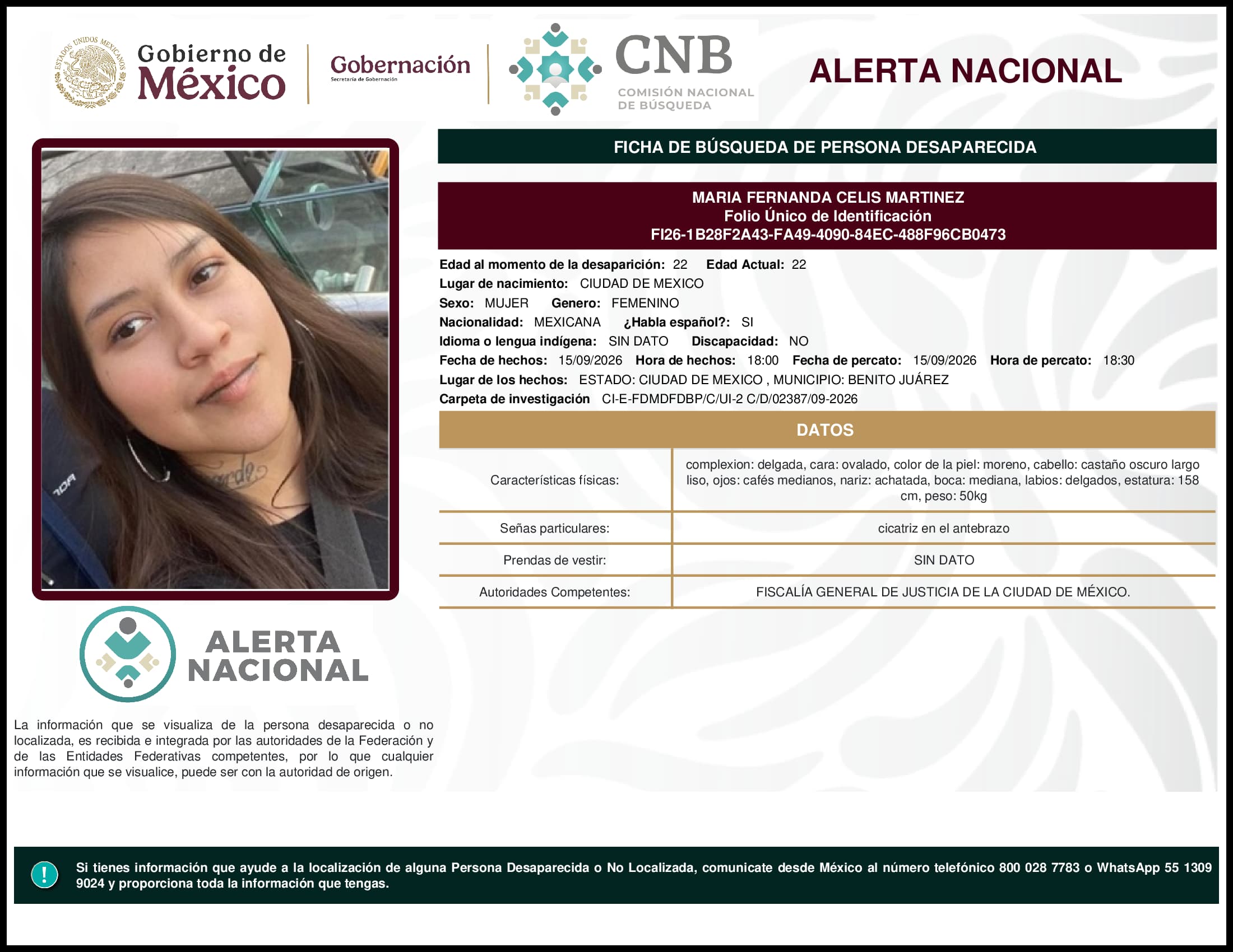 Persona desaparecida Maria Fernanda Celis Martinez