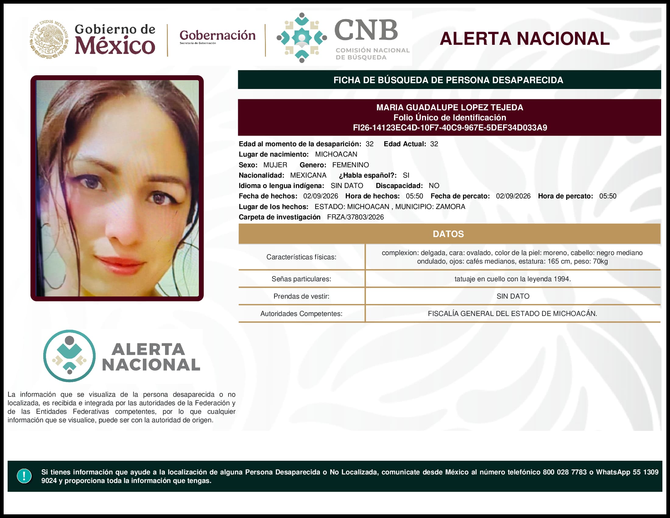Persona desaparecida Maria Guadalupe Lopez Tejeda