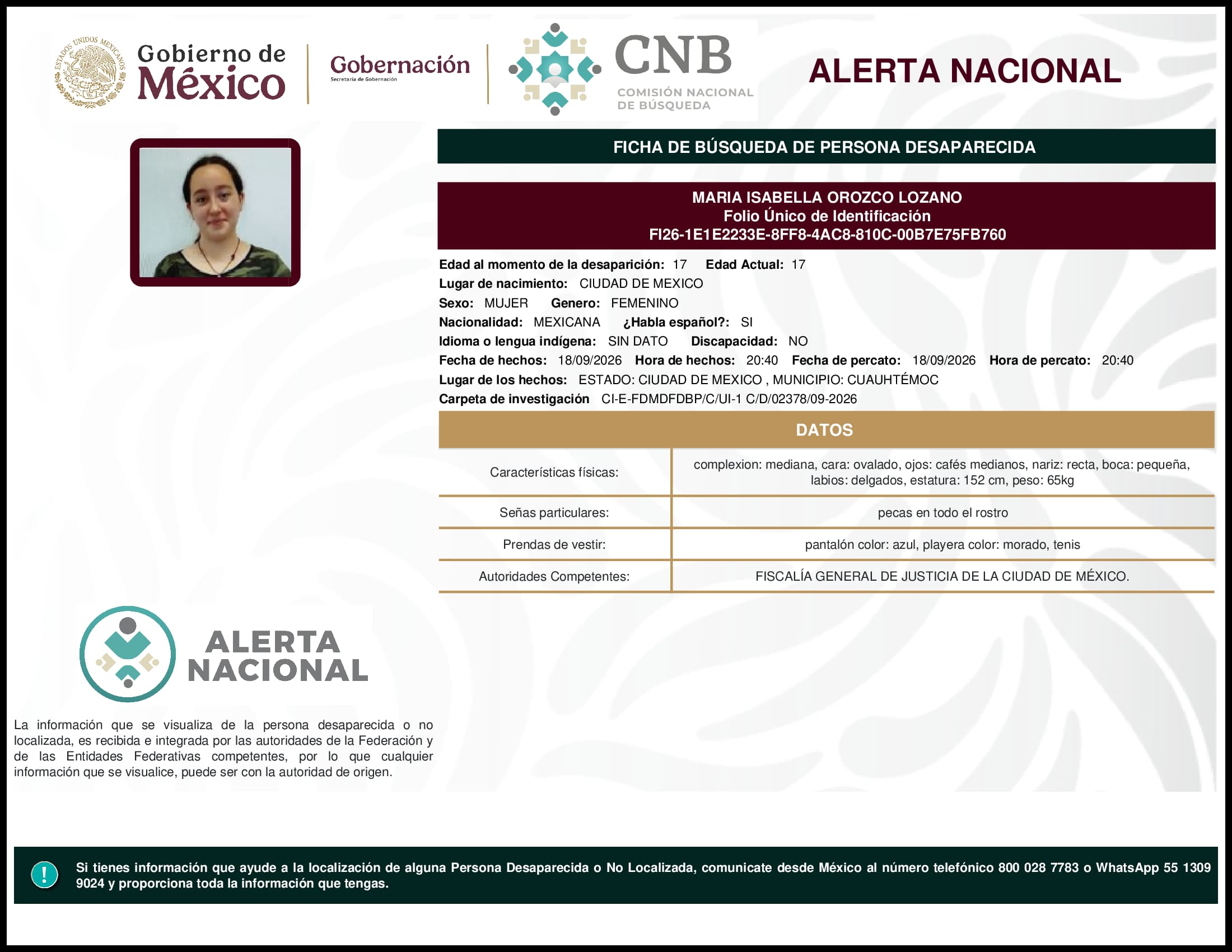 Persona desaparecida Maria Isabella Orozco Lozano