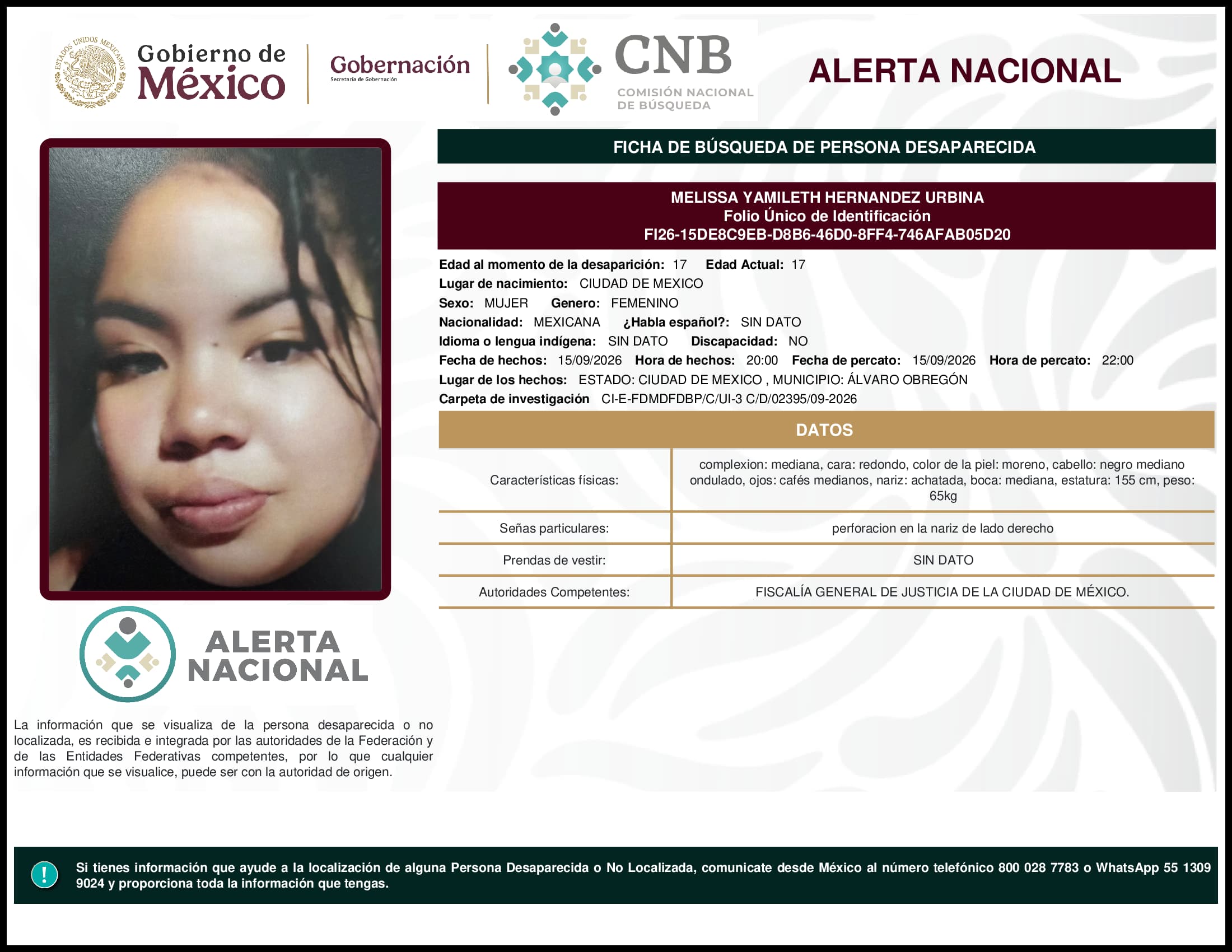 Persona desaparecida Melissa Yamileth Hernandez Urbina