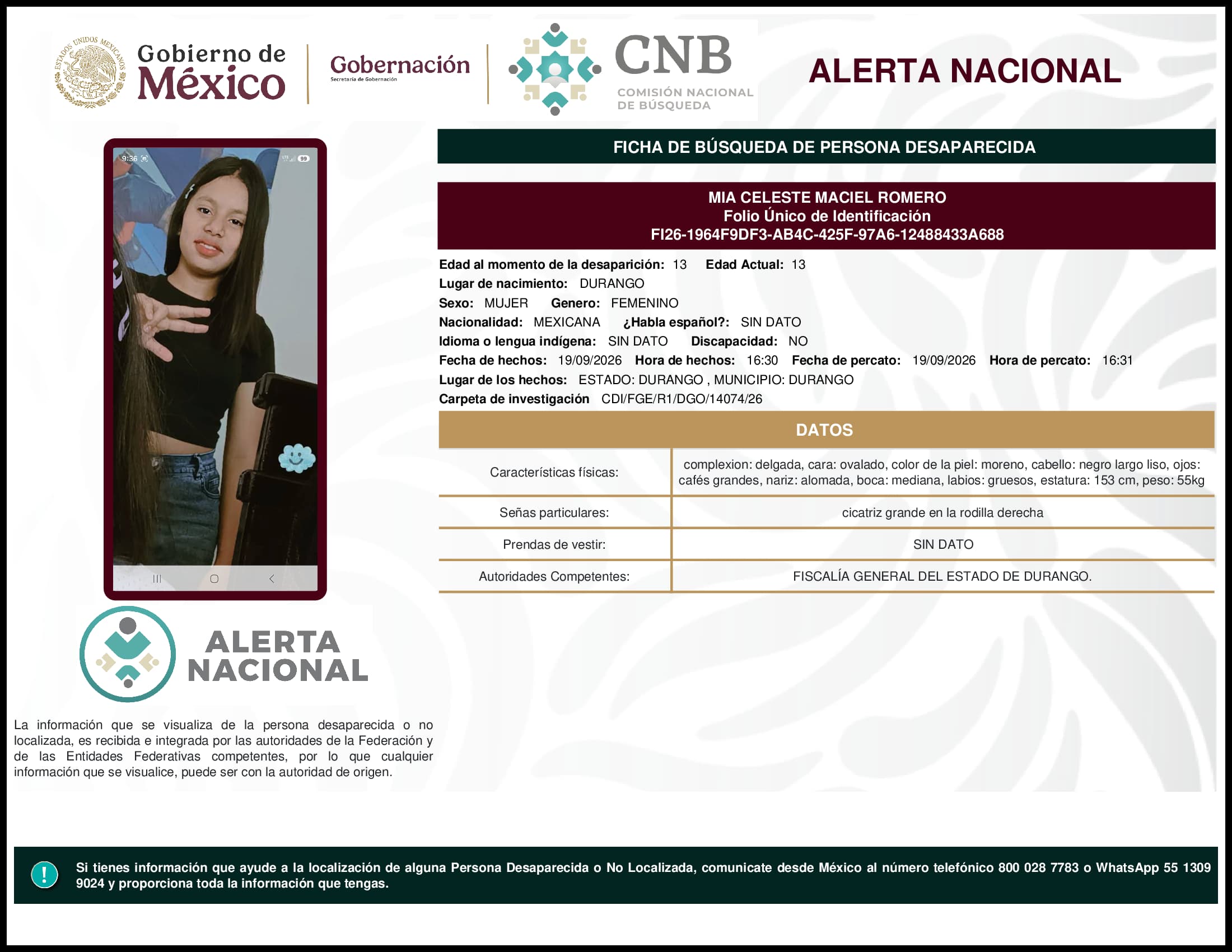 Persona desaparecida Mia Celeste Maciel Romero