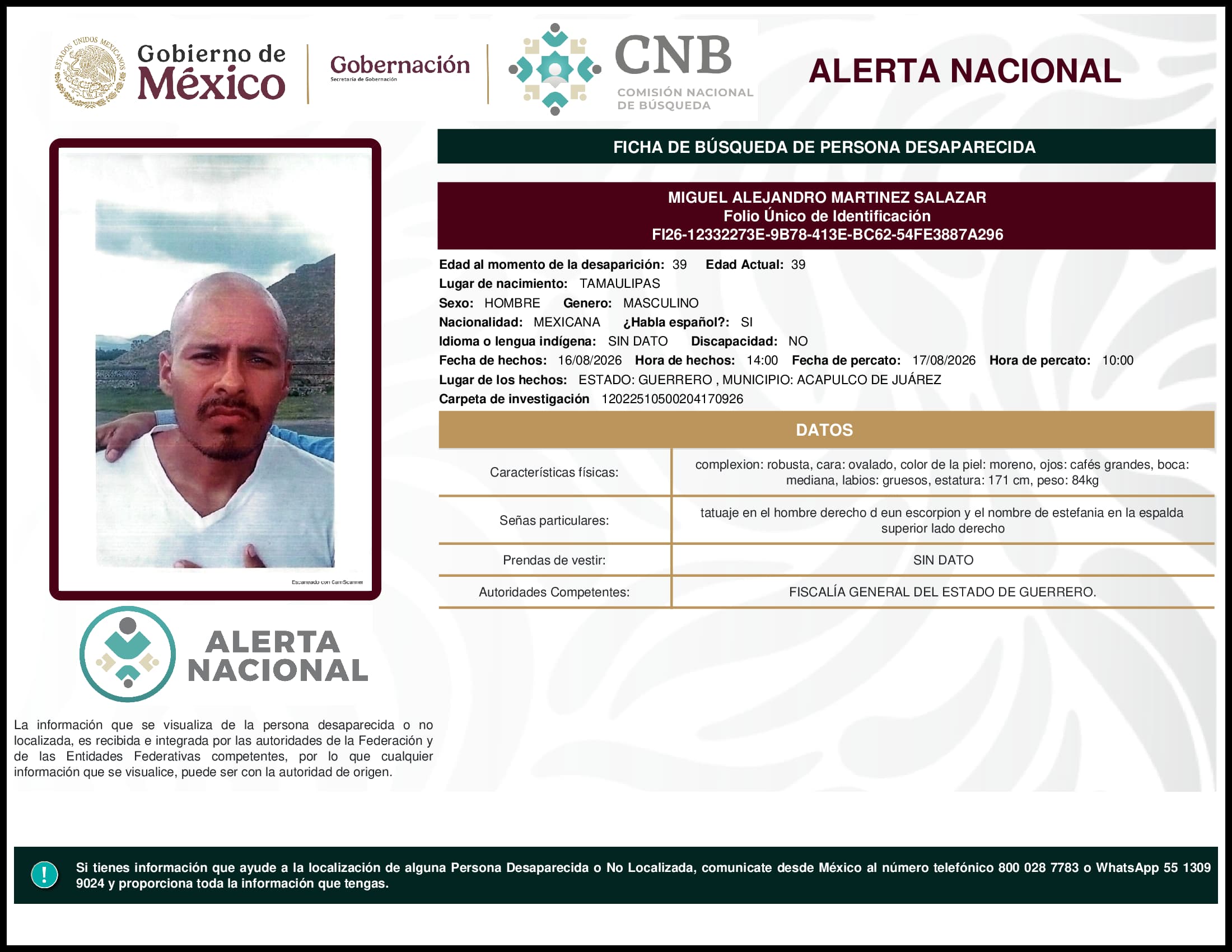 Persona desaparecida Miguel Alejandro Martinez Salazar