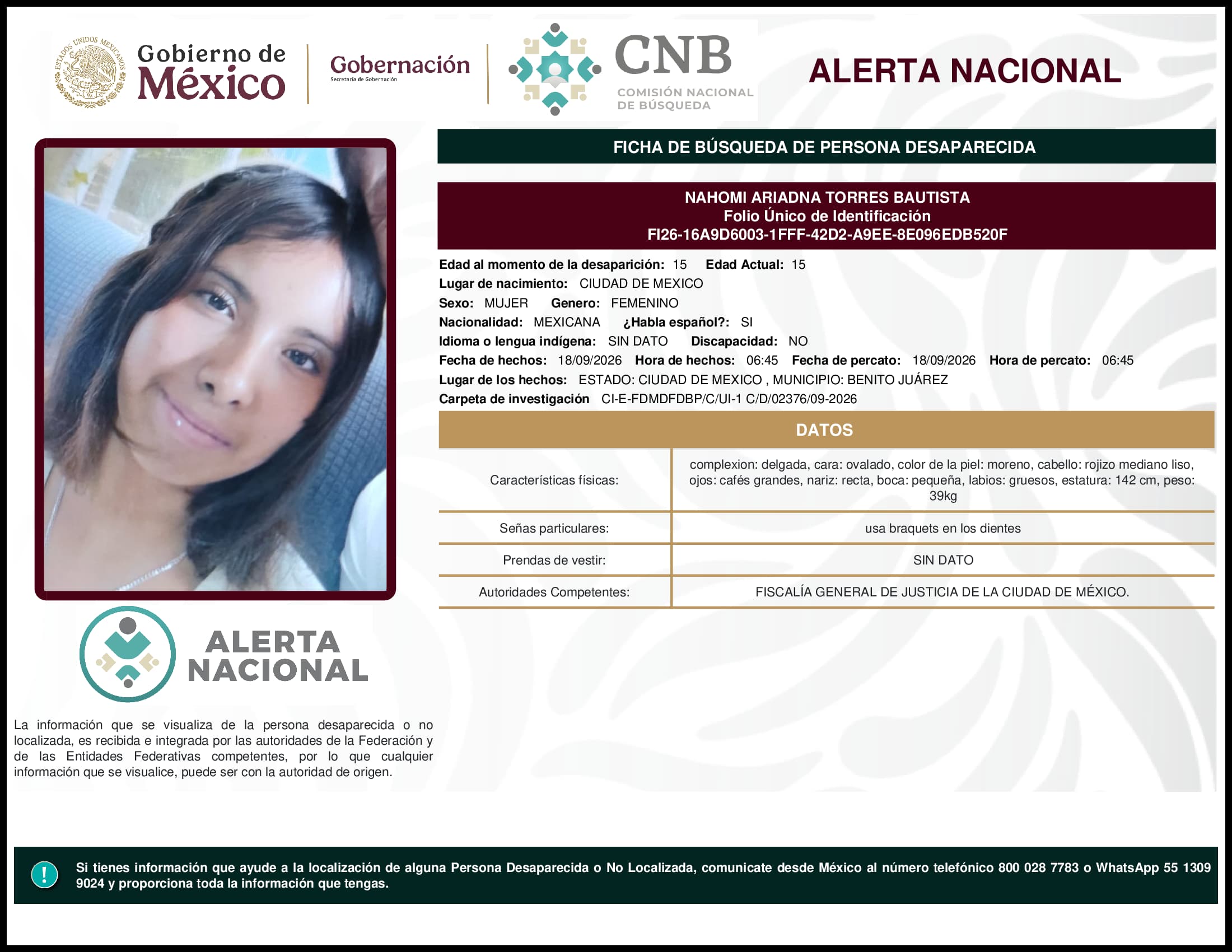 Persona desaparecida Nahomi Ariadna Torres Bautista