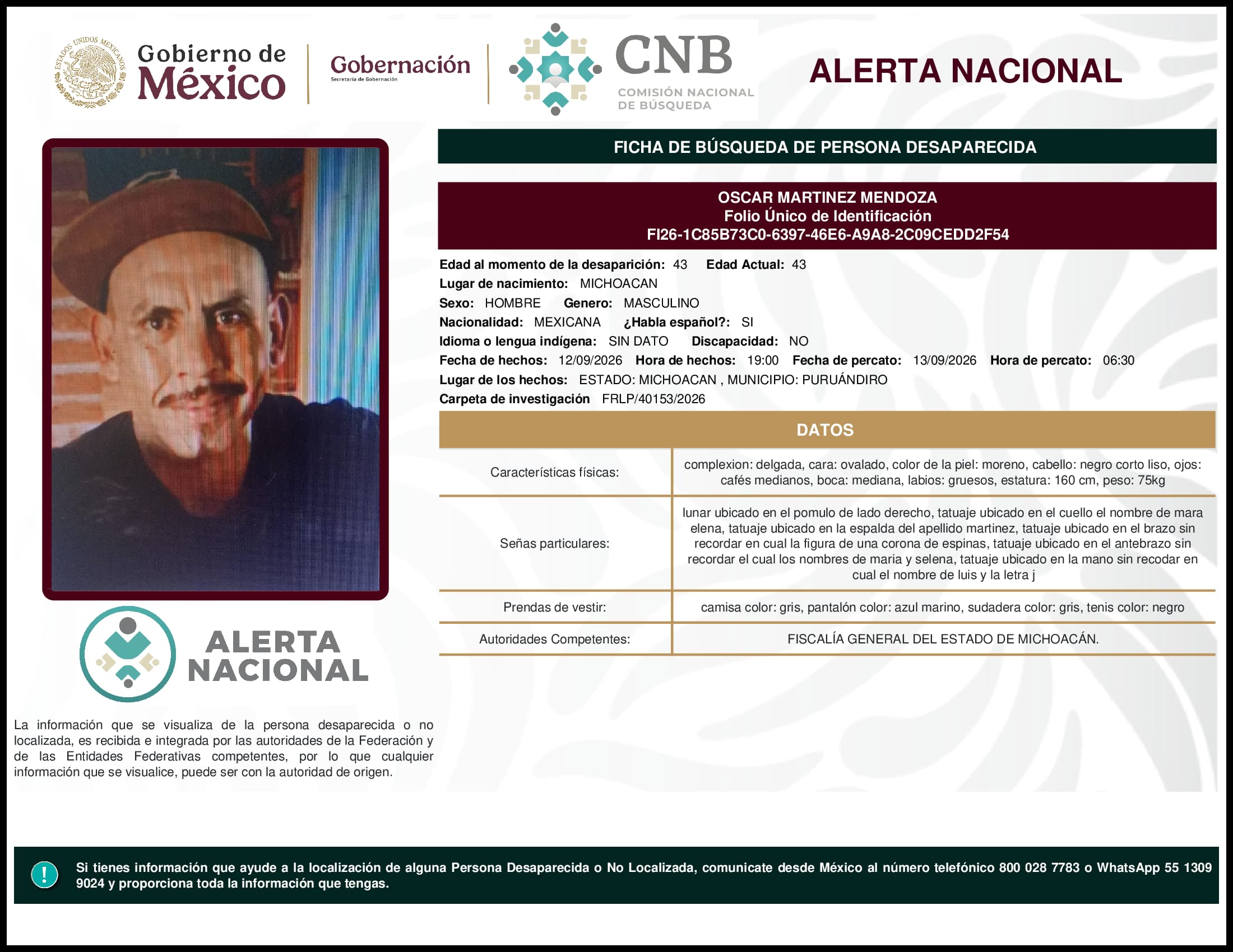 Persona desaparecida Oscar Martinez Mendoza