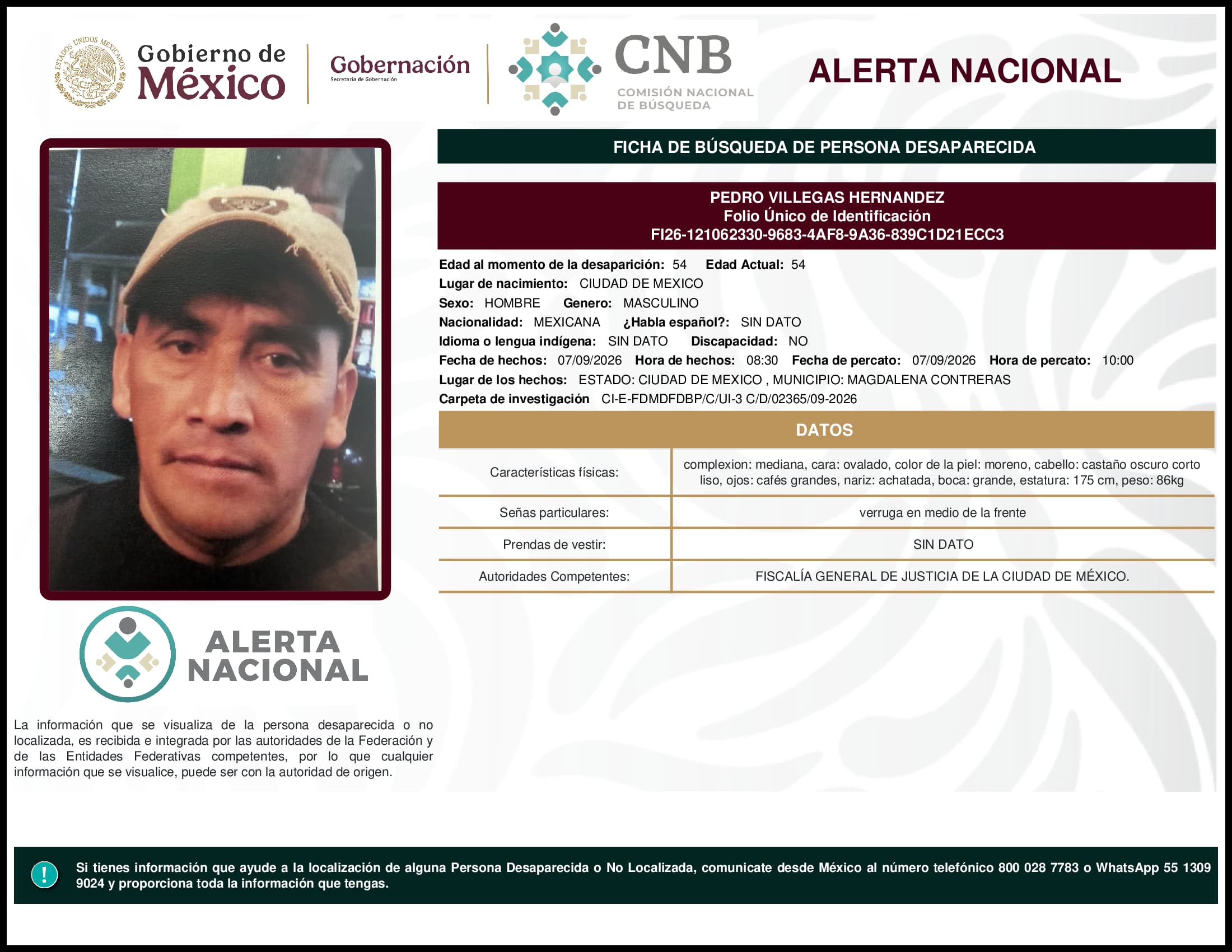 Persona desaparecida Pedro Villegas Hernandez