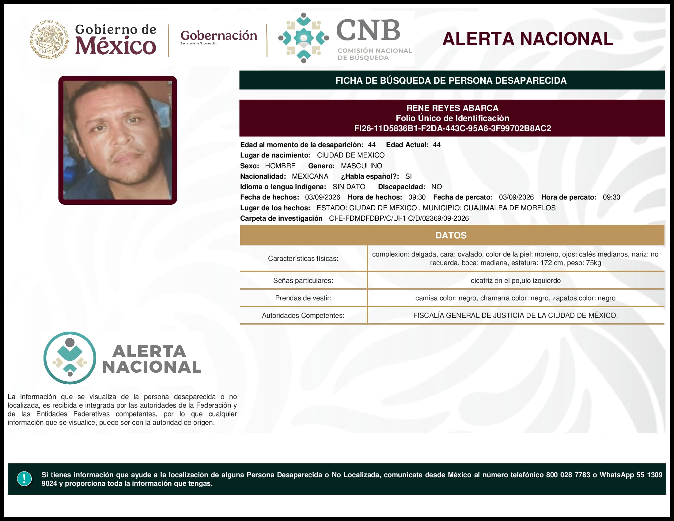 Persona desaparecida Rene Reyes Abarca