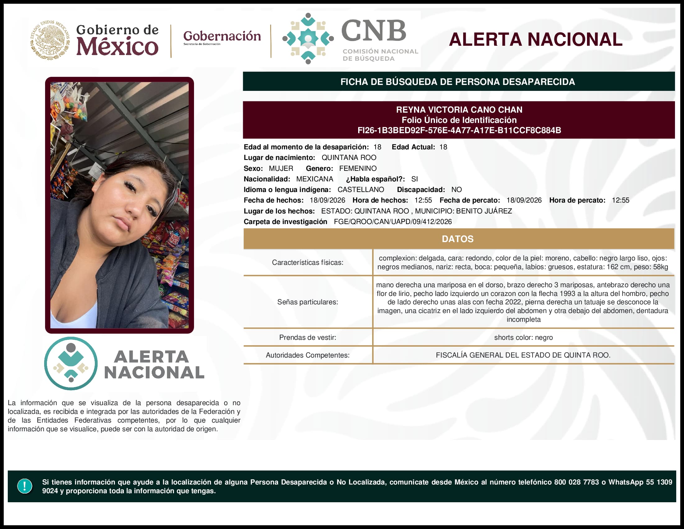 Persona desaparecida Reyna Victoria Cano Chan