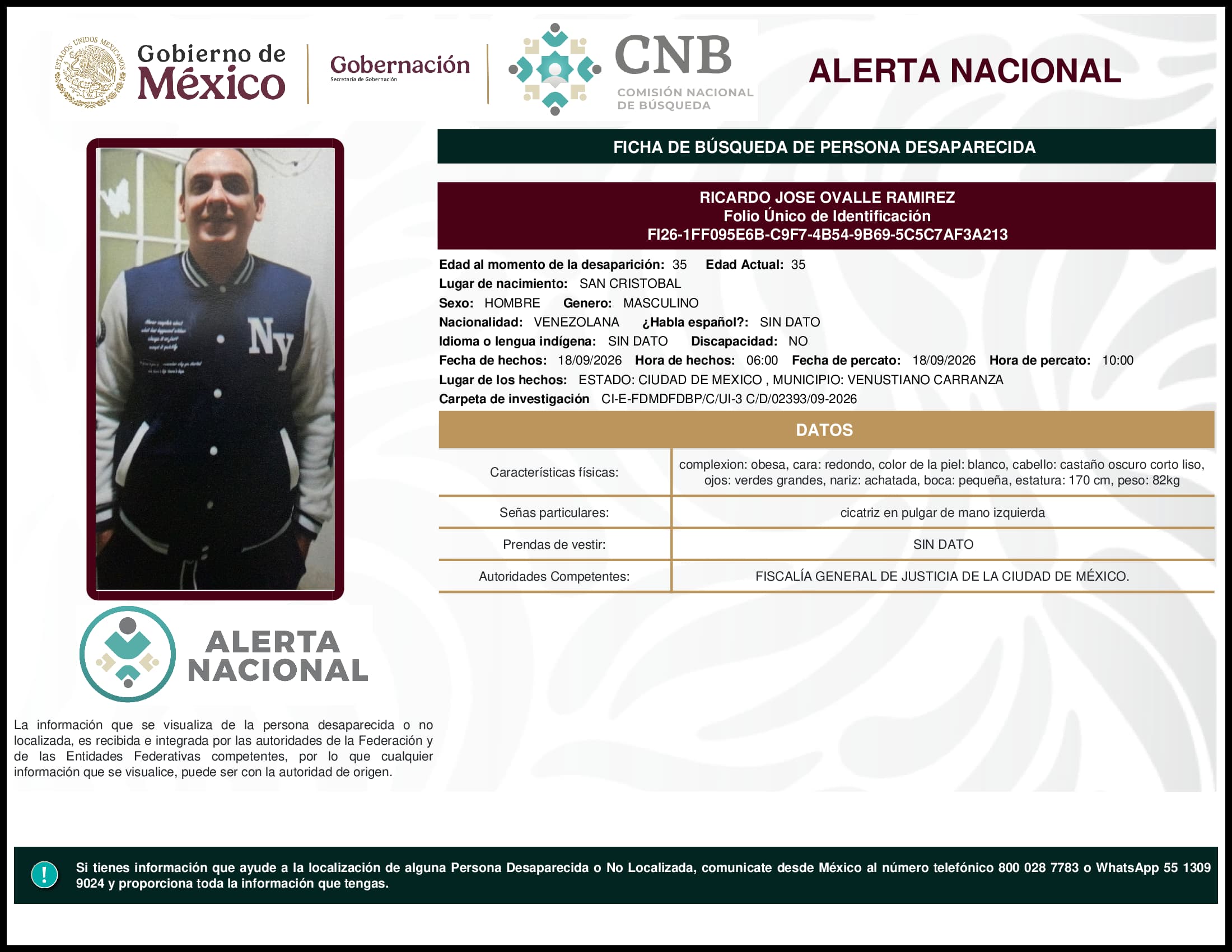Persona desaparecida Ricardo Jose Ovalle Ramirez