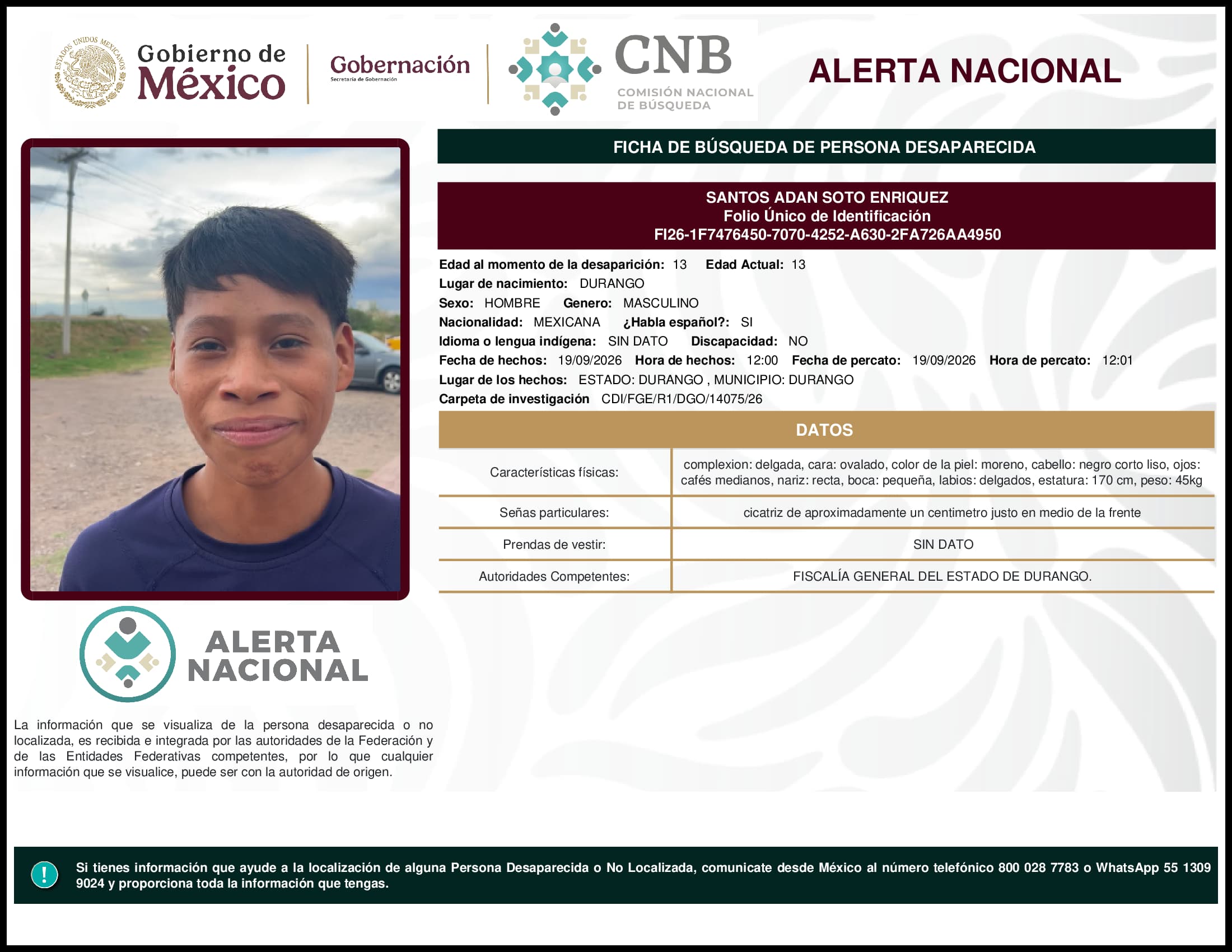 Persona desaparecida Santos Adan Soto Enriquez