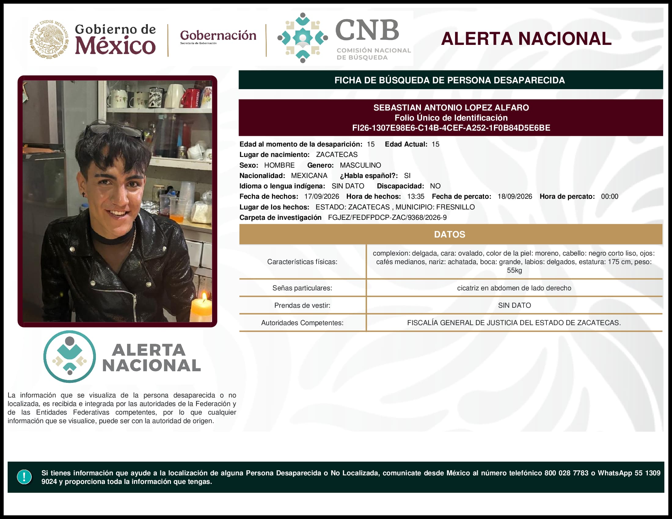 Persona desaparecida Sebastian Antonio Lopez Alfaro