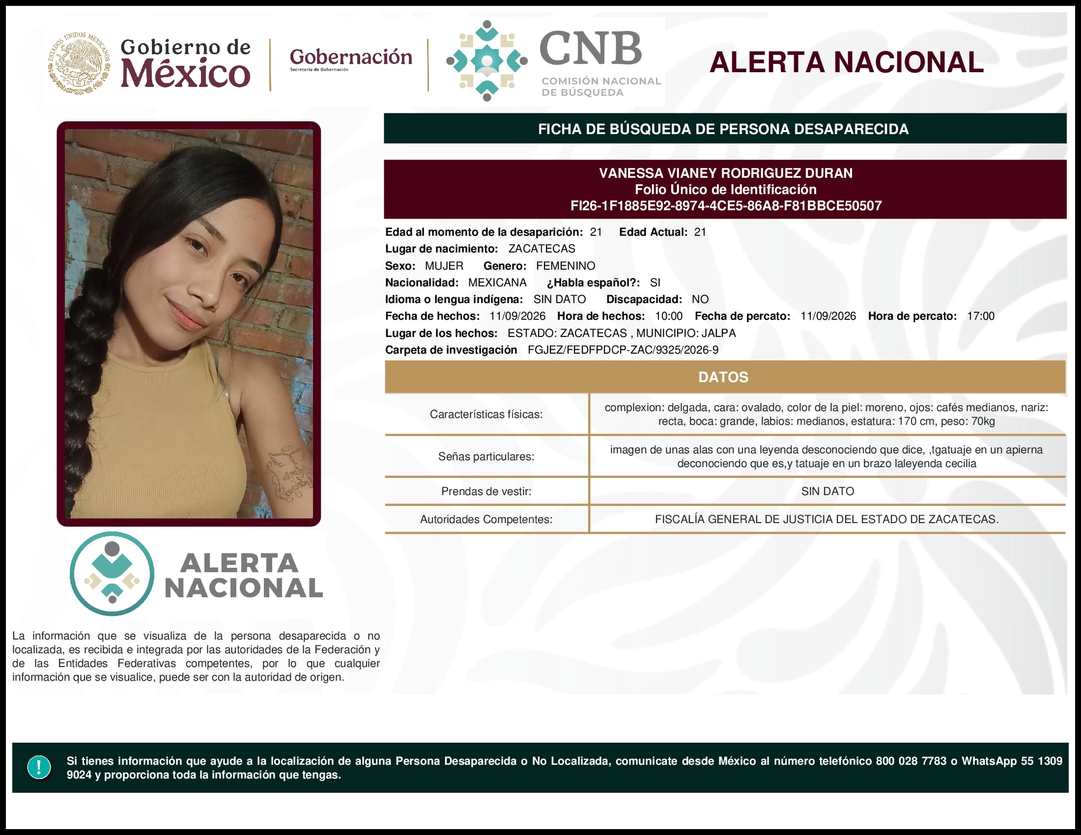 Persona desaparecida Vanessa Vianey Rodriguez Duran