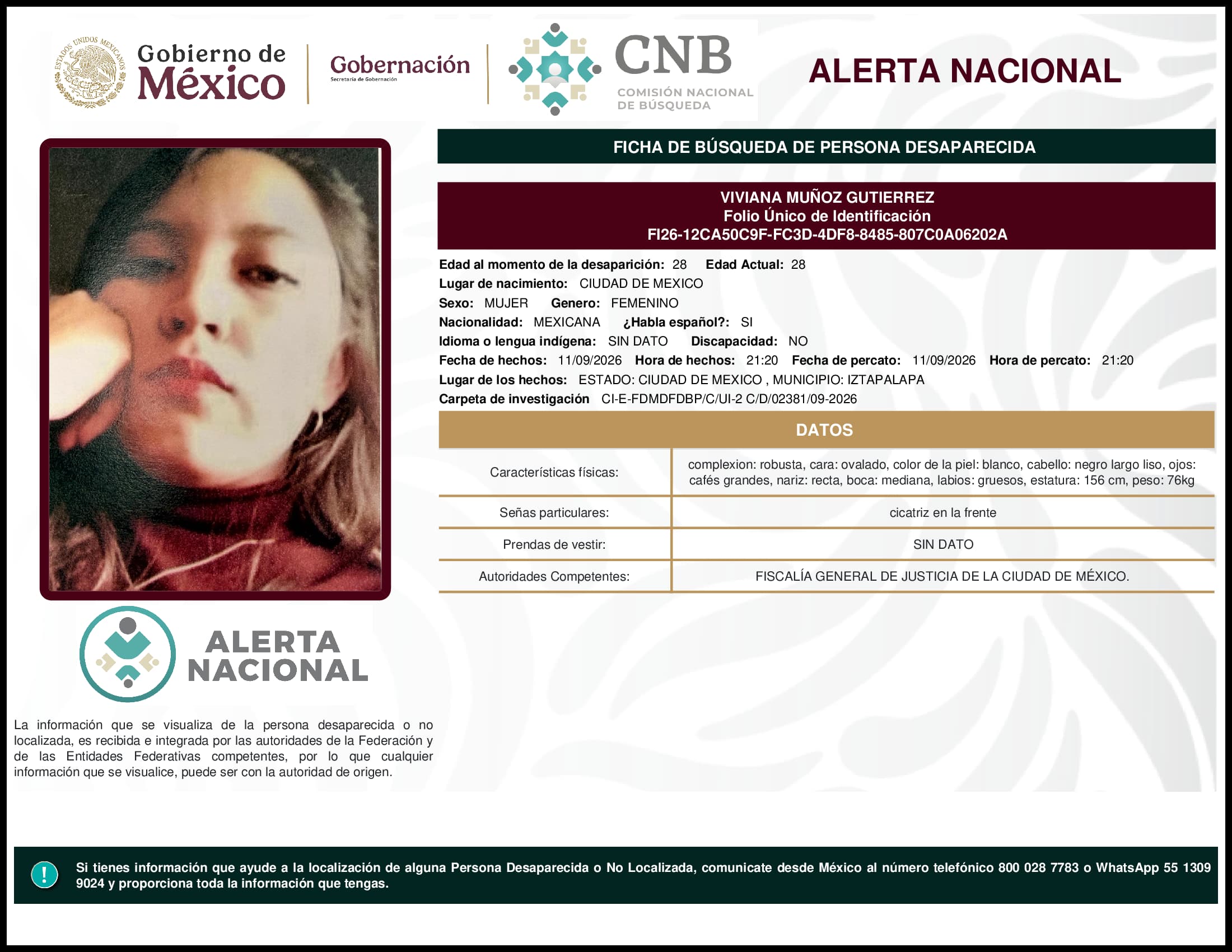 Persona desaparecida Viviana Munoz Gutierrez