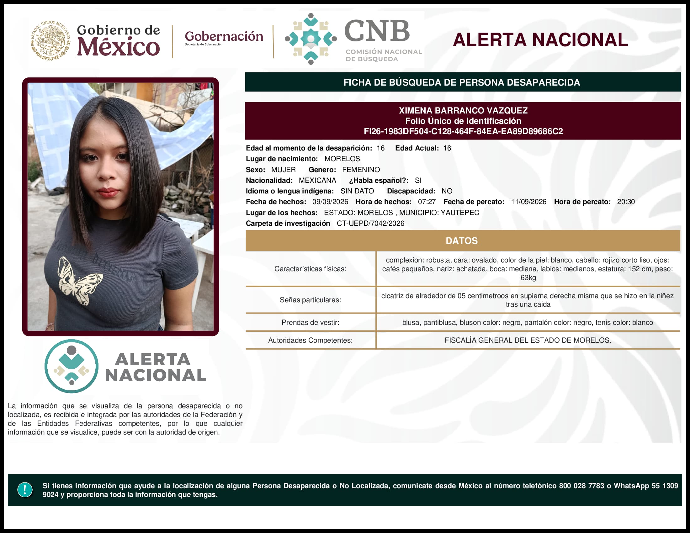 Persona desaparecida Ximena Barranco Vazquez