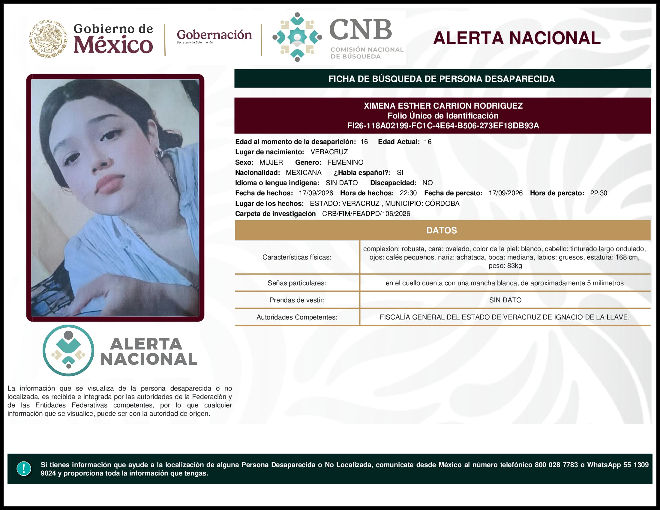 Persona desaparecida Ximena Esther Carrion Rodriguez