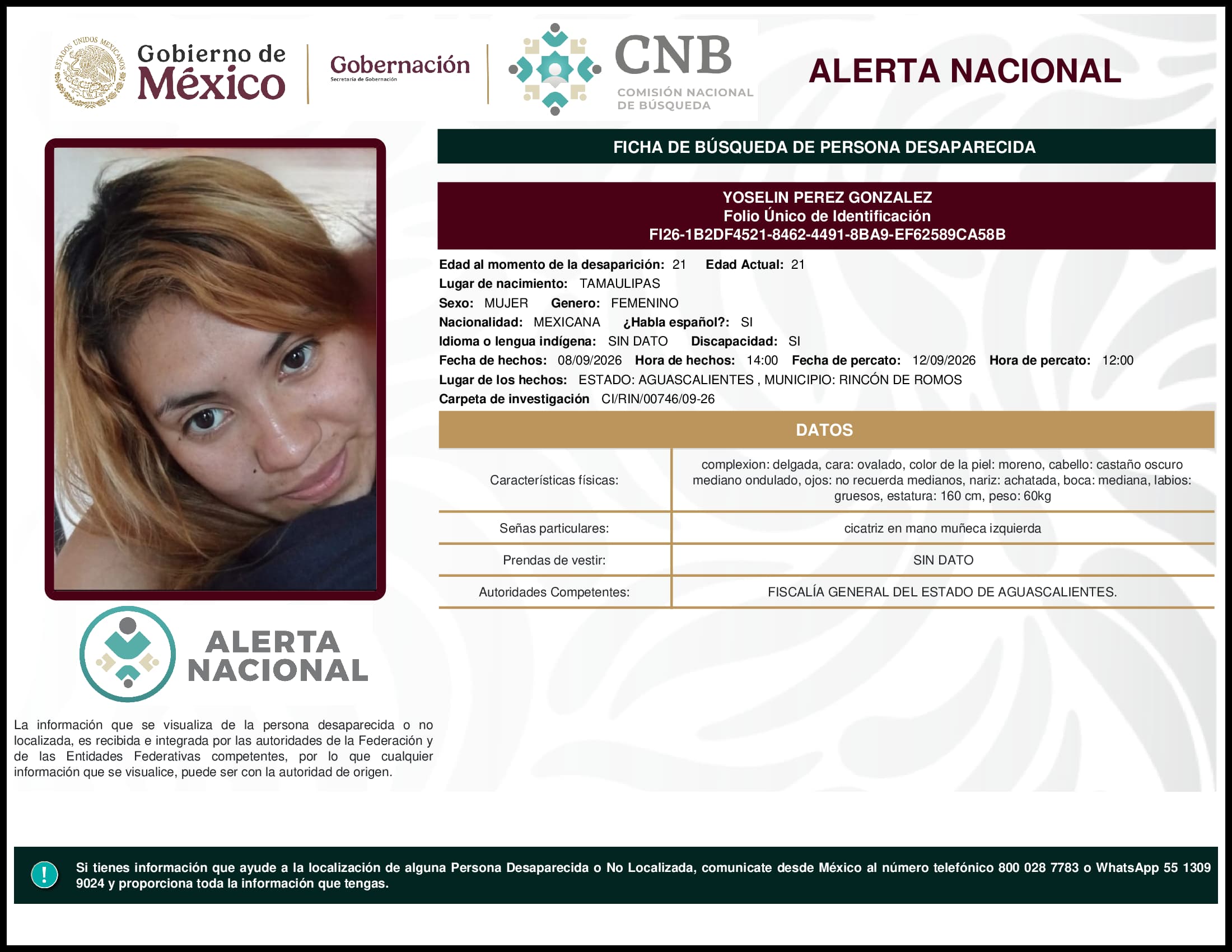 Persona desaparecida Yoselin Perez Gonzalez
