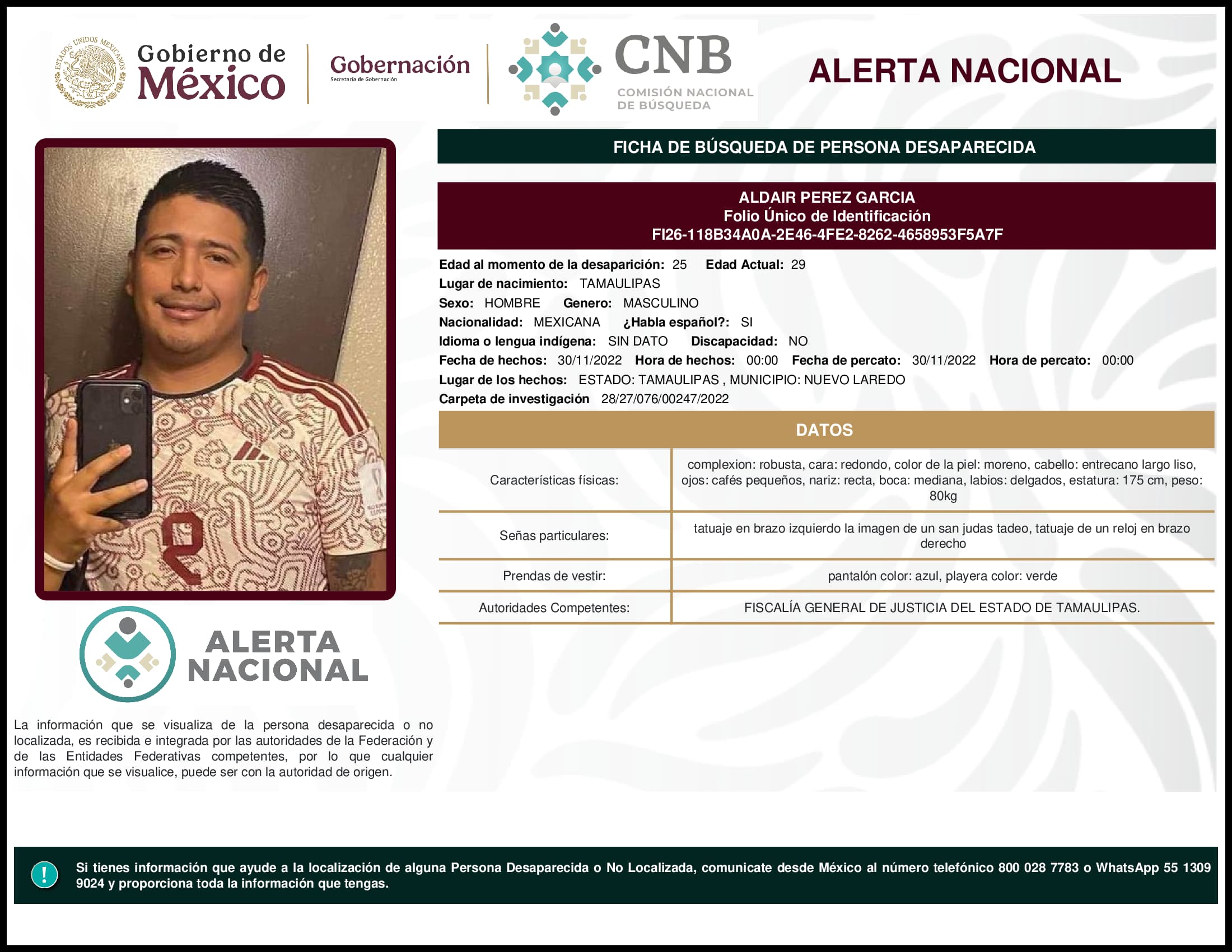 Persona desaparecida Aldair Perez Garcia
