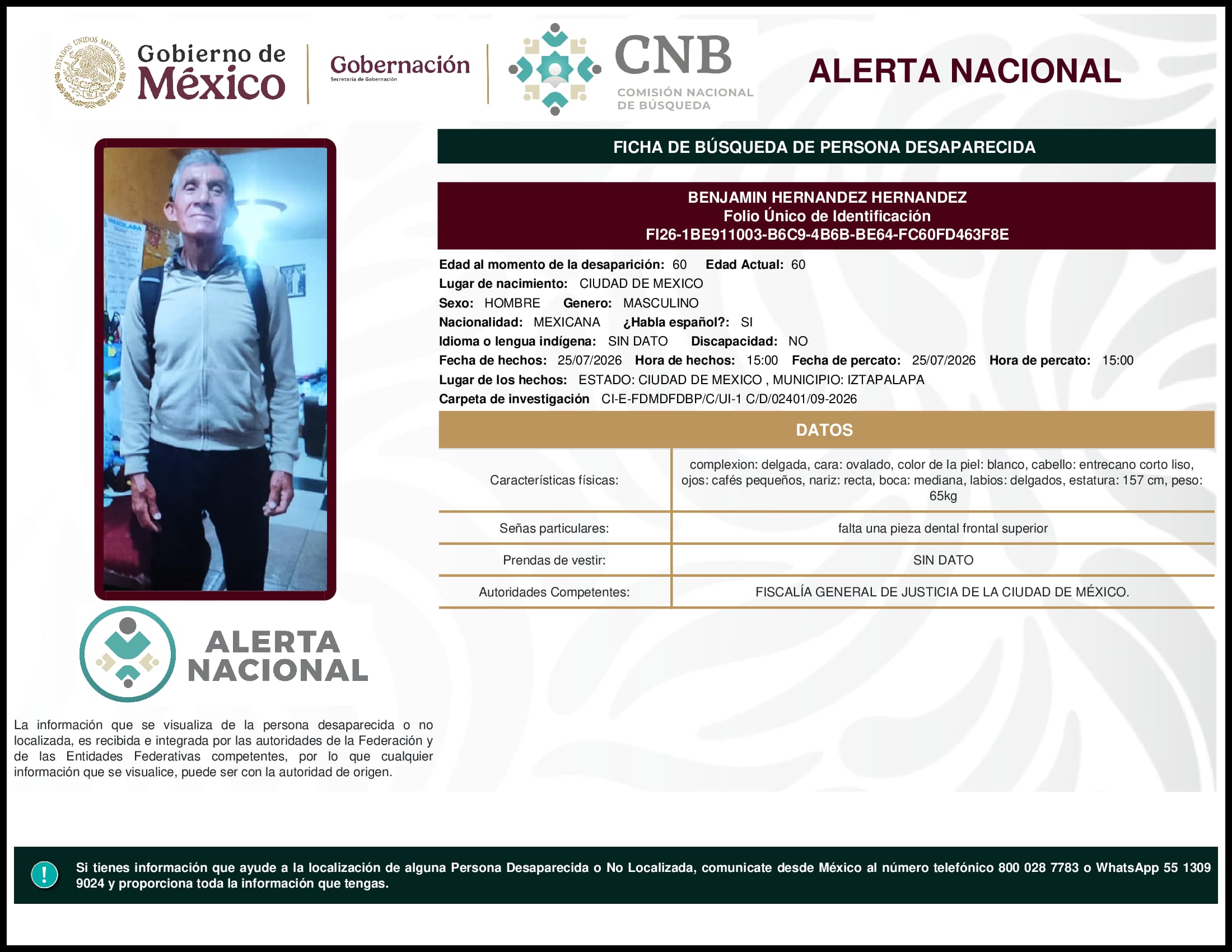 Persona desaparecida Benjamin Hernandez Hernandez