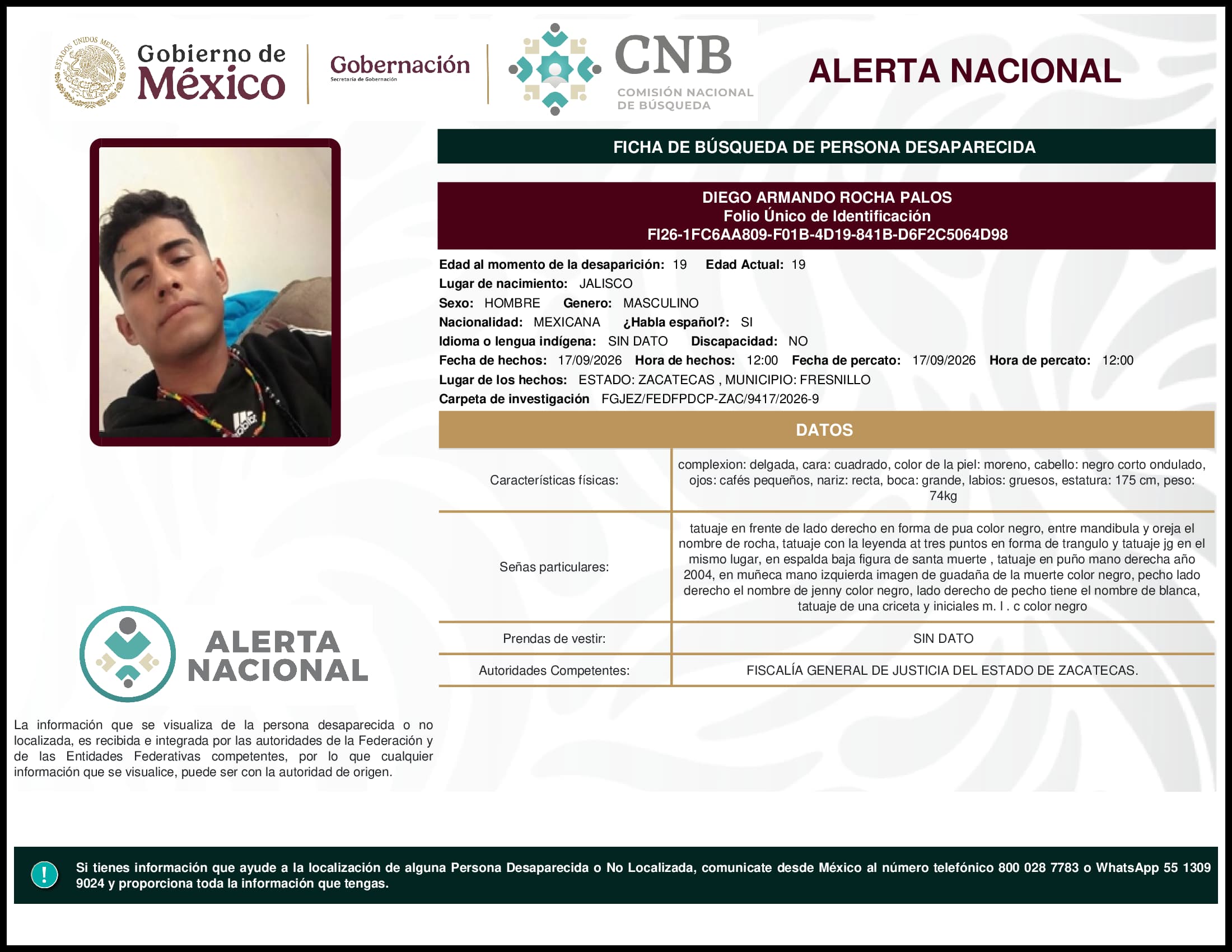 Persona desaparecida Diego Armando Rocha Palos
