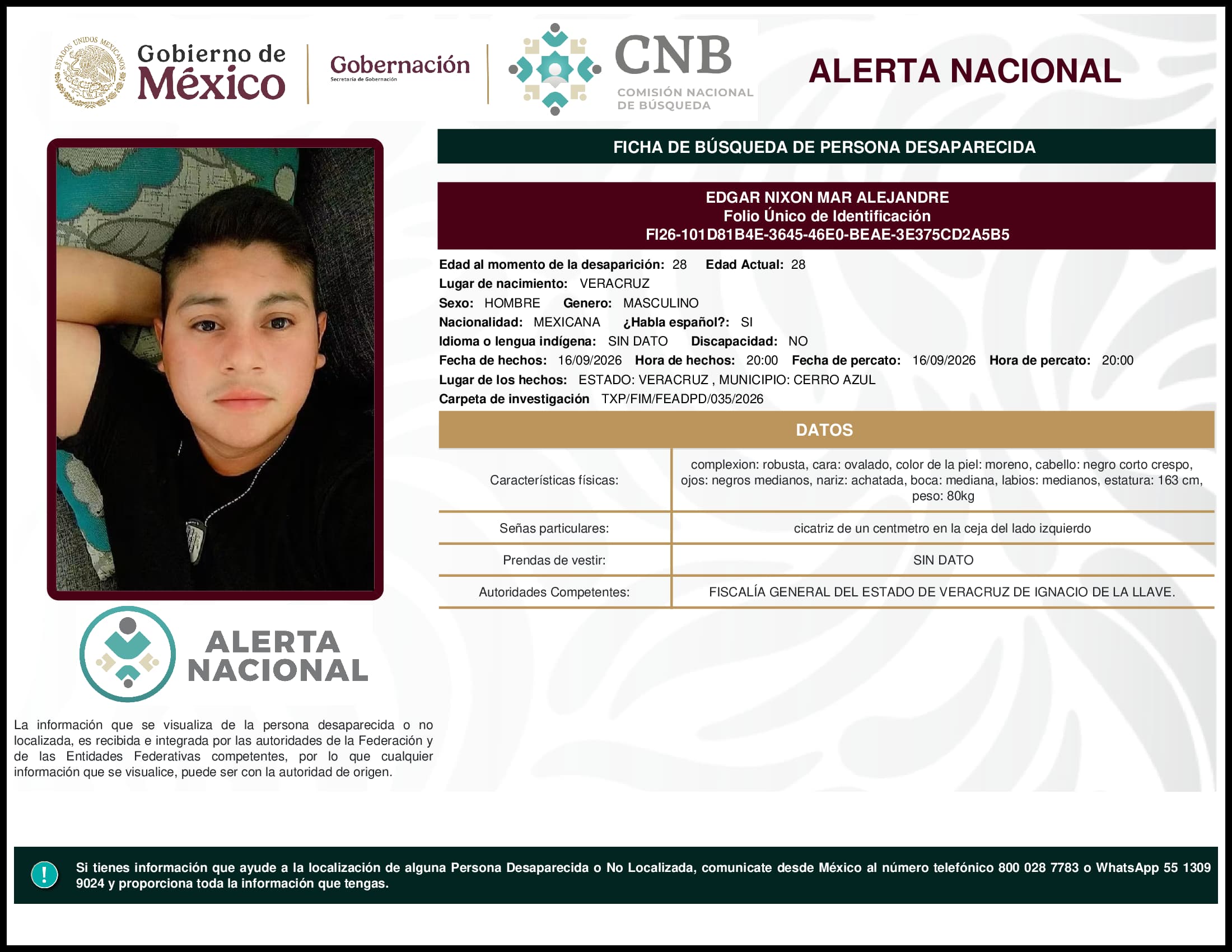 Persona desaparecida Edgar Nixon Mar Alejandre