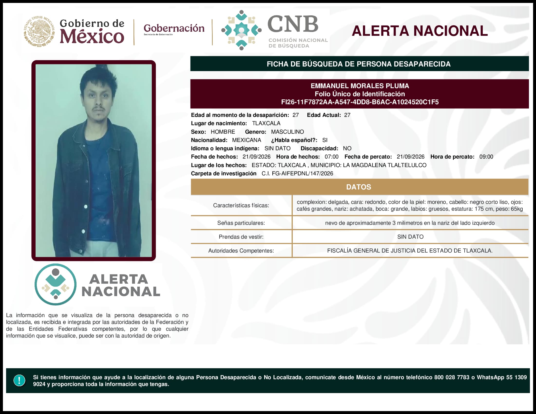 Persona desaparecida Emmanuel Morales Pluma