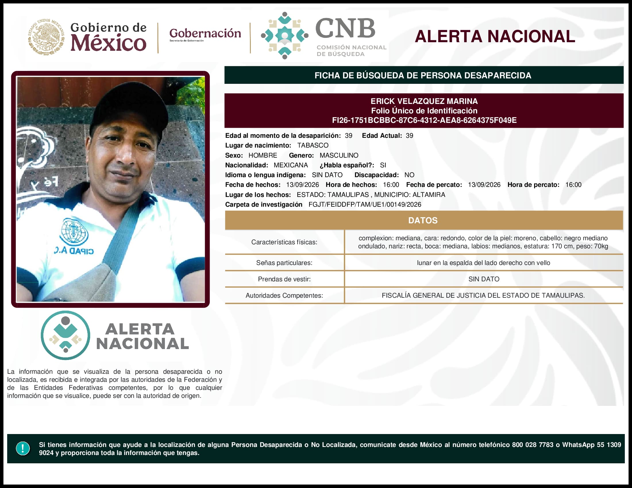 Persona desaparecida Erick Velazquez Marina