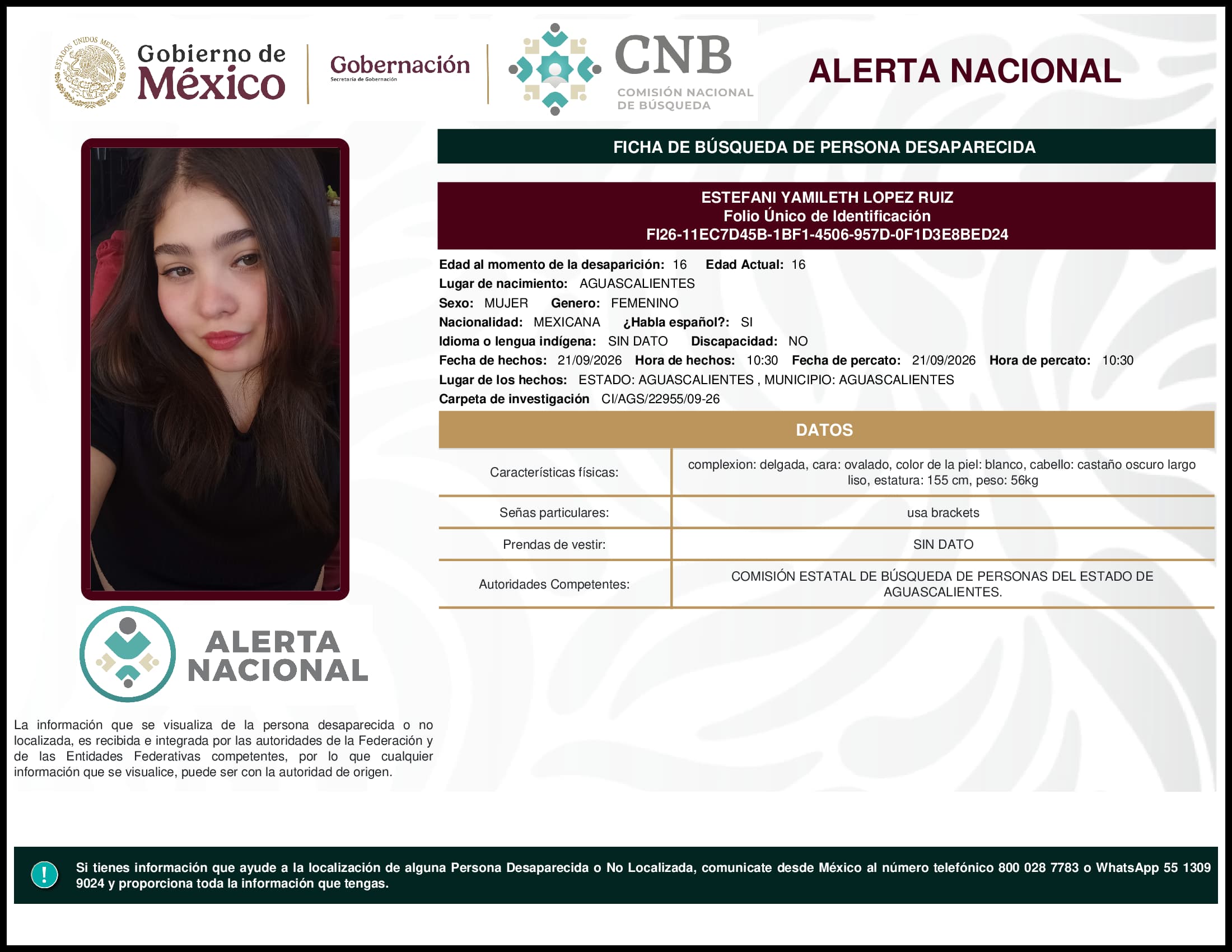 Persona desaparecida Estefani Yamileth Lopez Ruiz