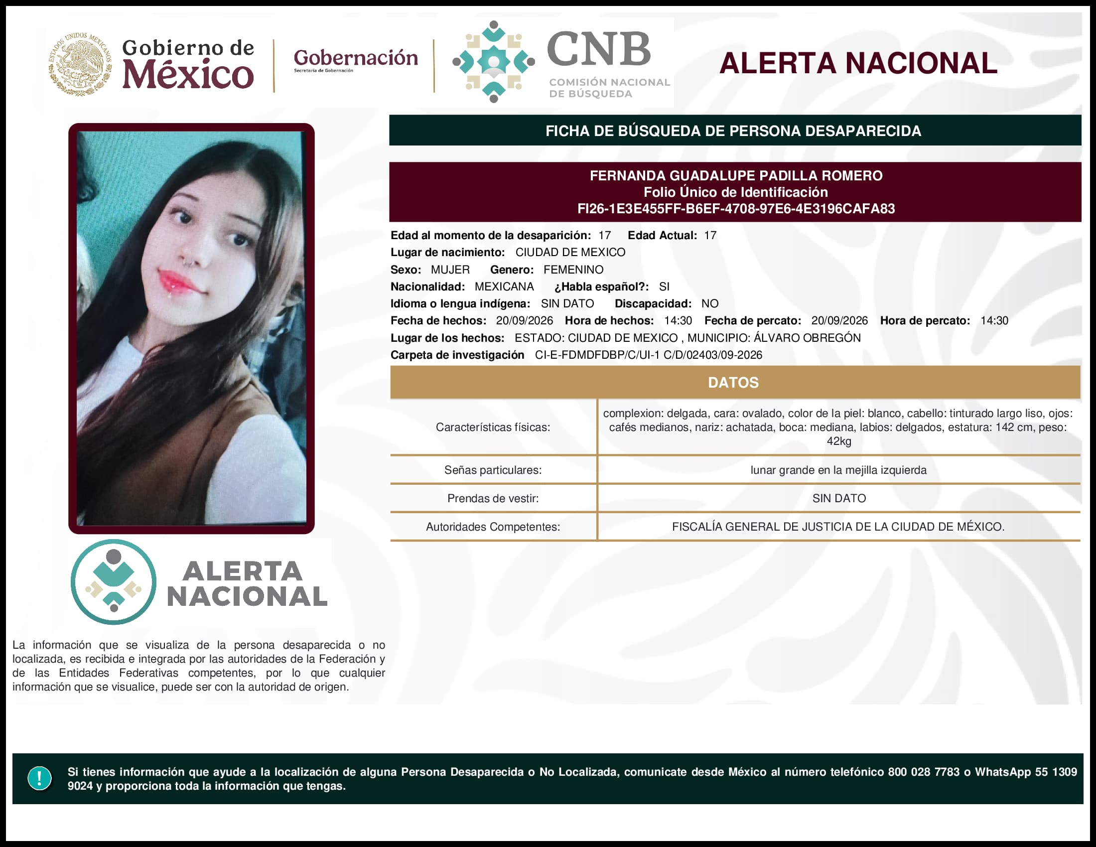Persona desaparecida Fernanda Guadalupe Padilla Romero