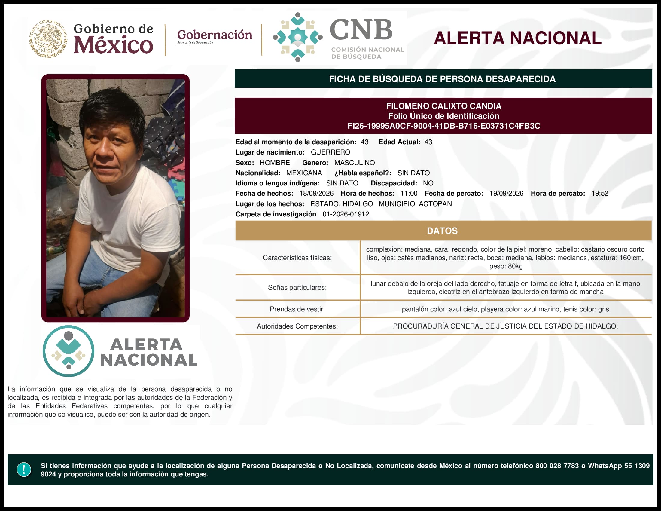 Persona desaparecida Filomeno Calixto Candia