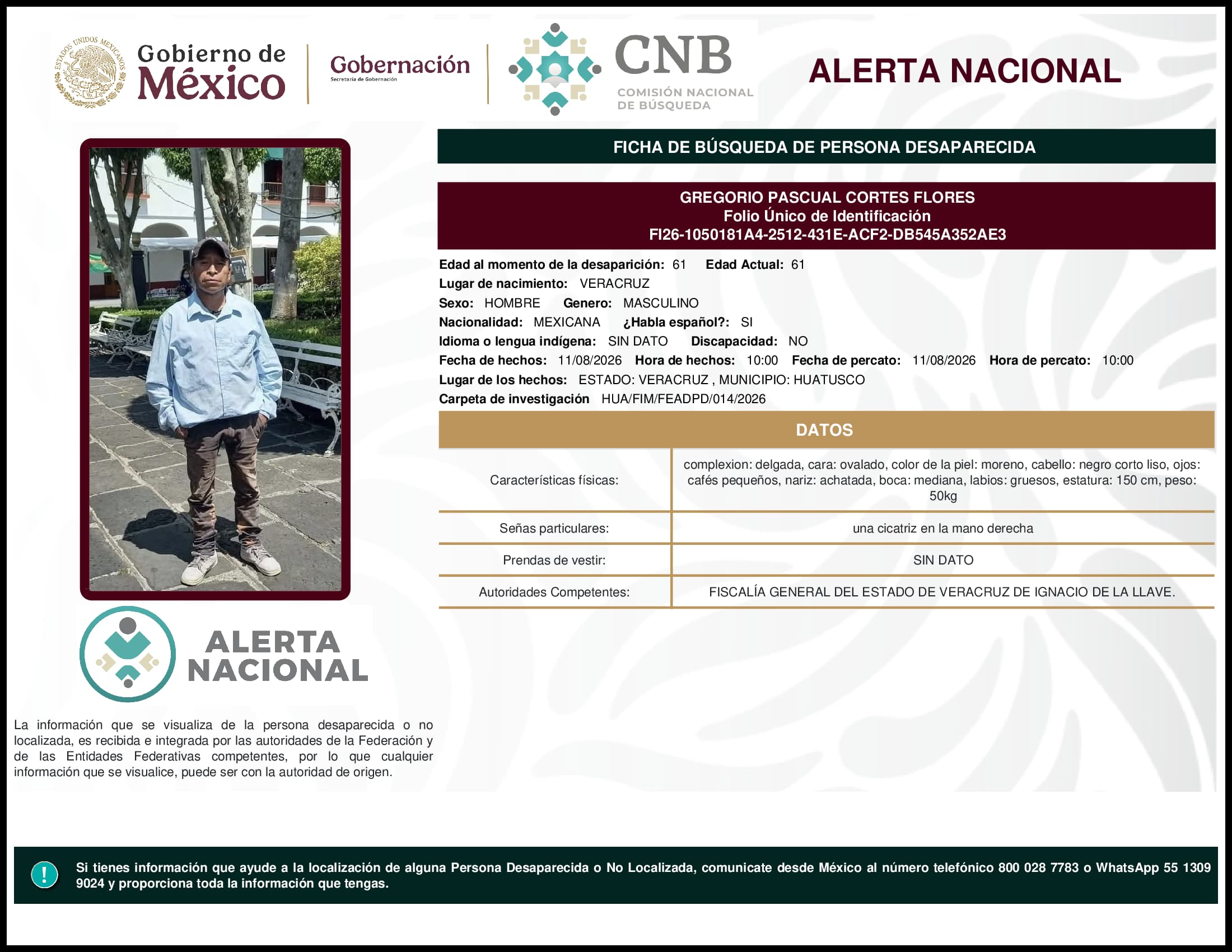 Persona desaparecida Gregorio Pascual Cortes Flores