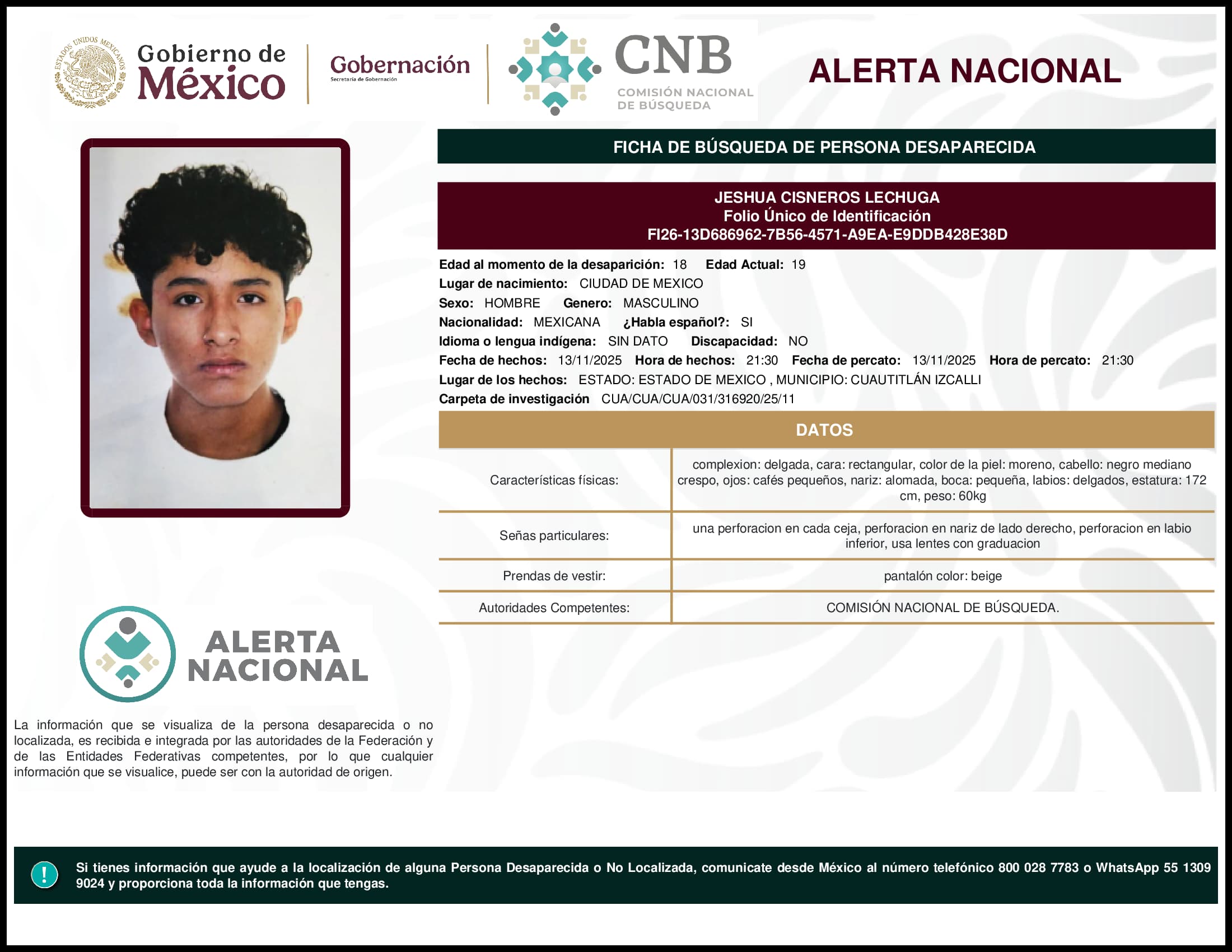 Persona desaparecida Jeshua Cisneros Lechuga