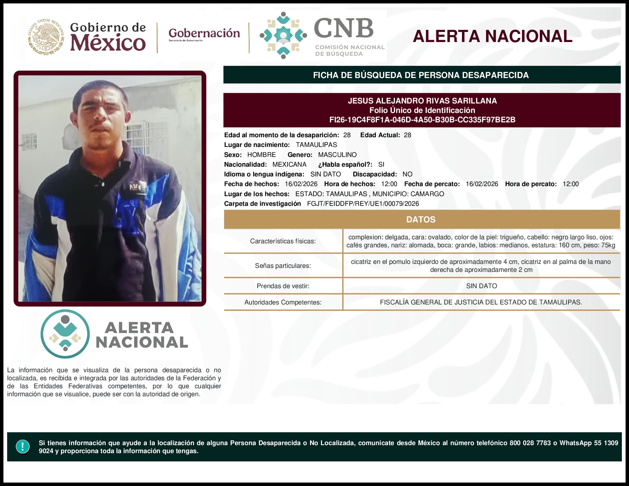 Persona desaparecida Jesus Alejandro Rivas Sarillana