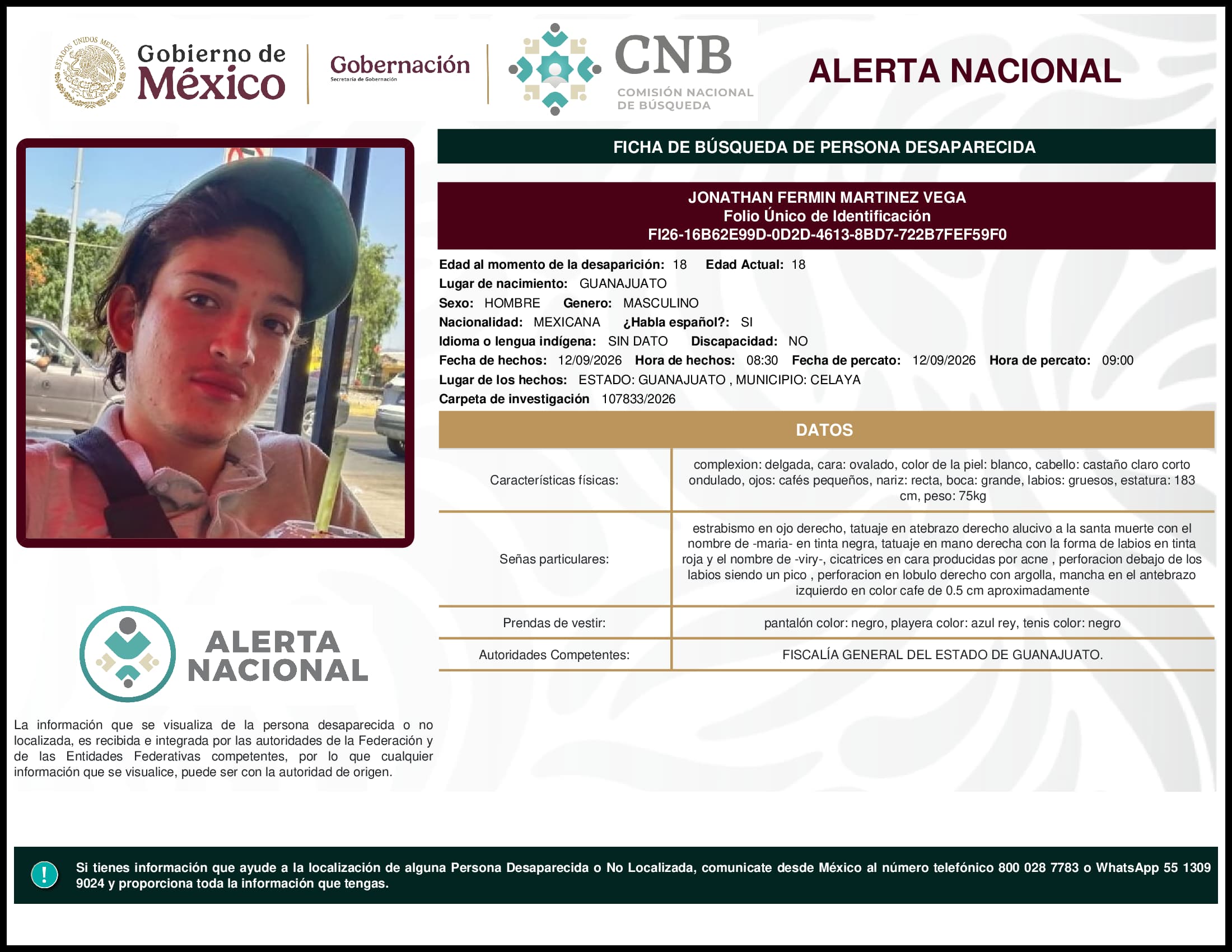 Persona desaparecida Jonathan Fermin Martinez Vega