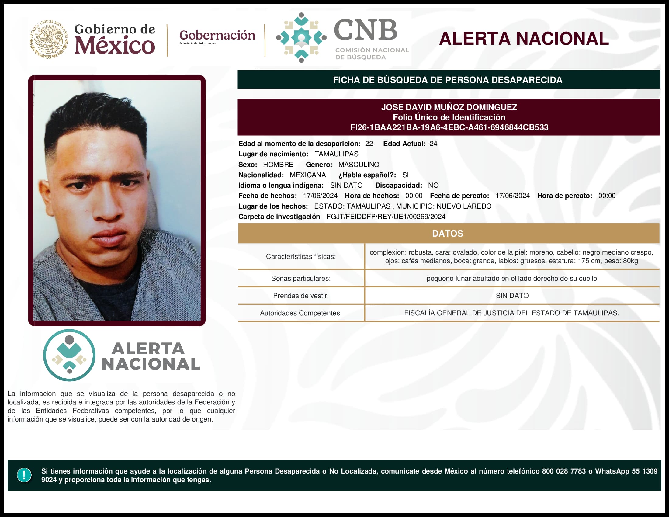 Persona desaparecida Jose David Munoz Dominguez