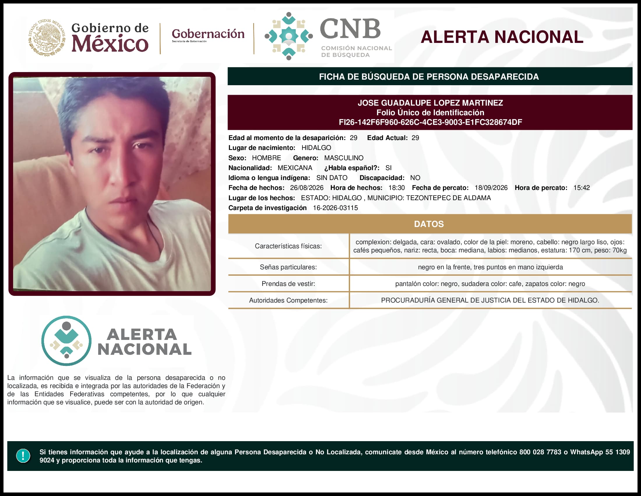 Persona desaparecida Jose Guadalupe Lopez Martinez