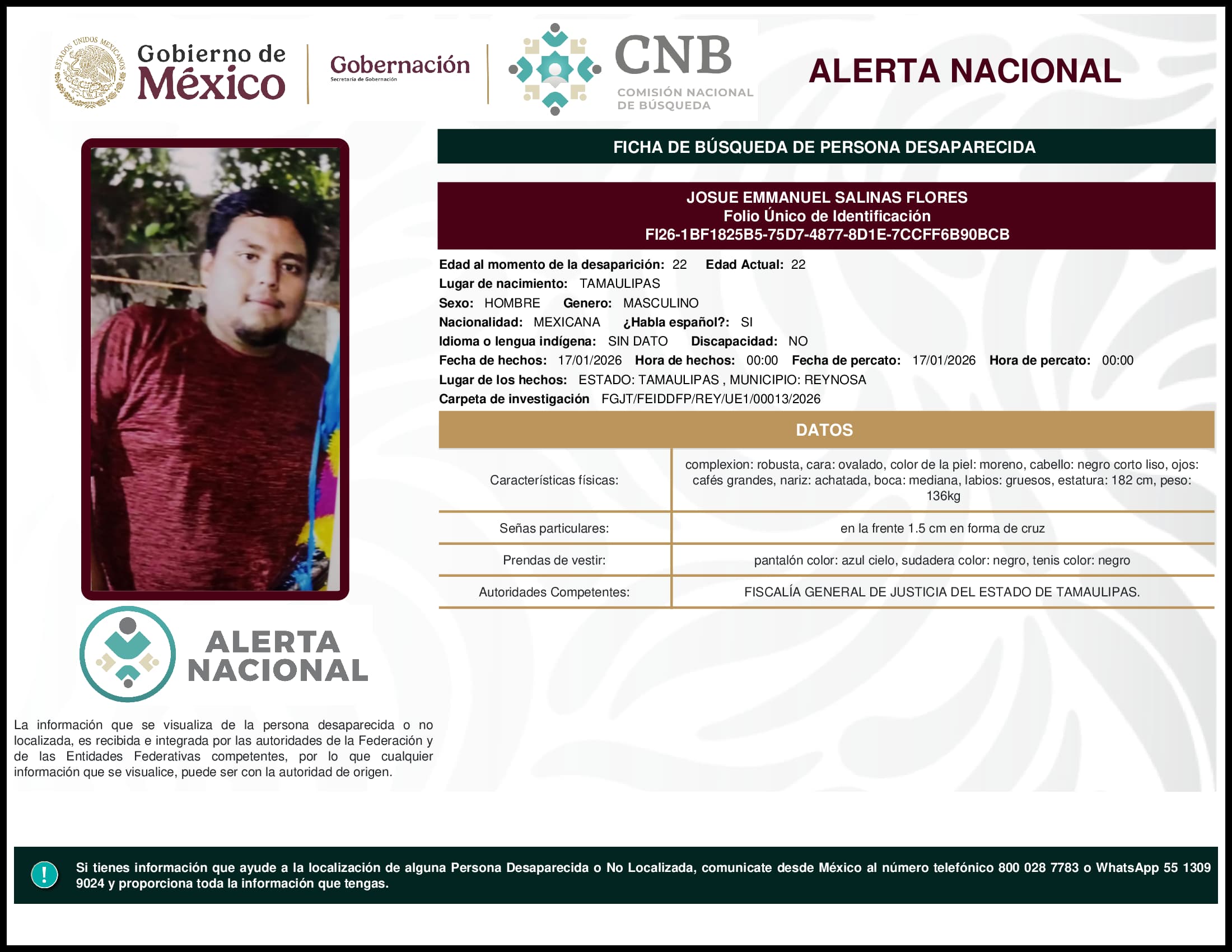 Persona desaparecida Josue Emmanuel Salinas Flores