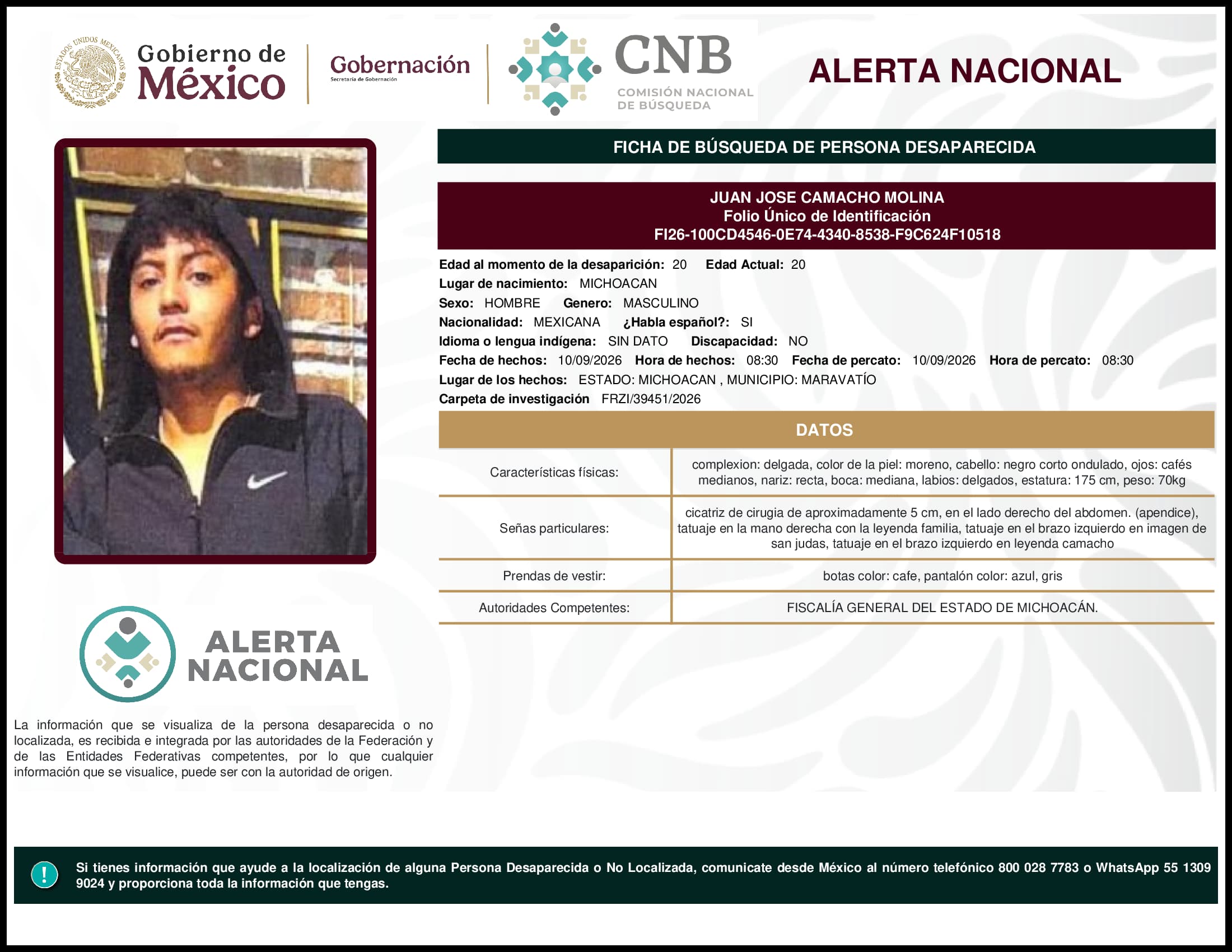 Persona desaparecida Juan Jose Camacho Molina