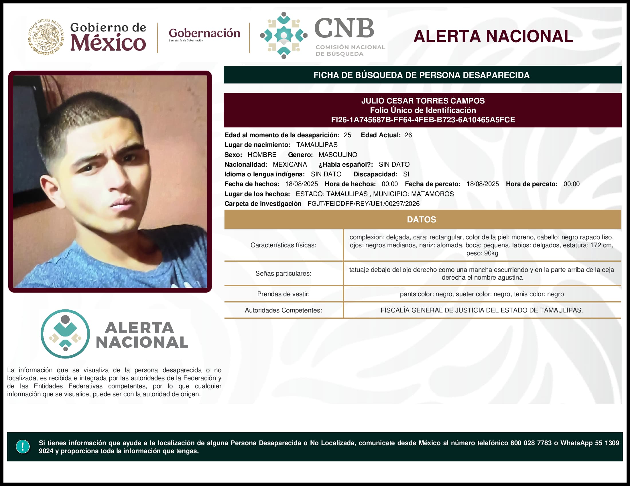 Persona desaparecida Julio Cesar Torres Campos