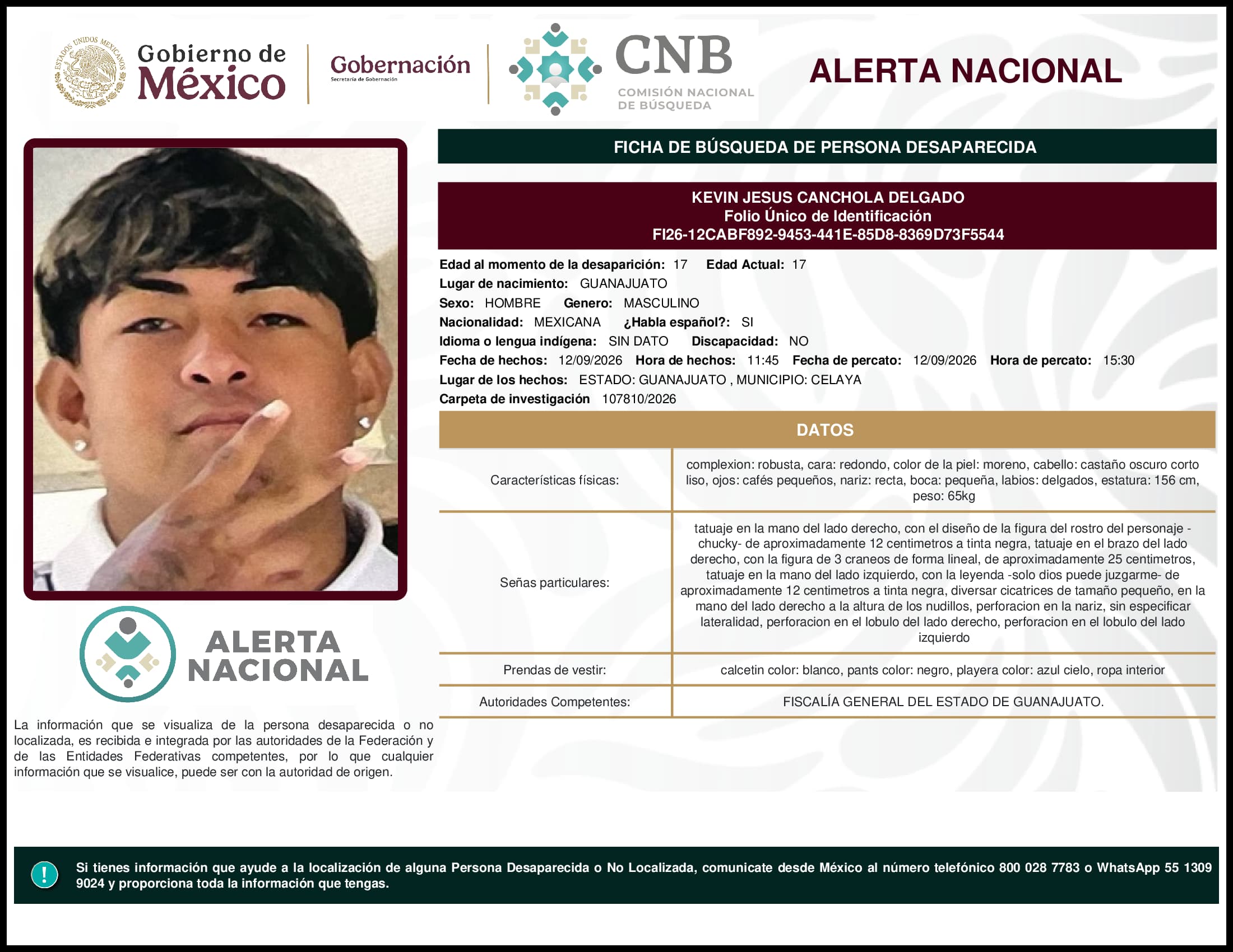 Persona desaparecida Kevin Jesus Canchola Delgado